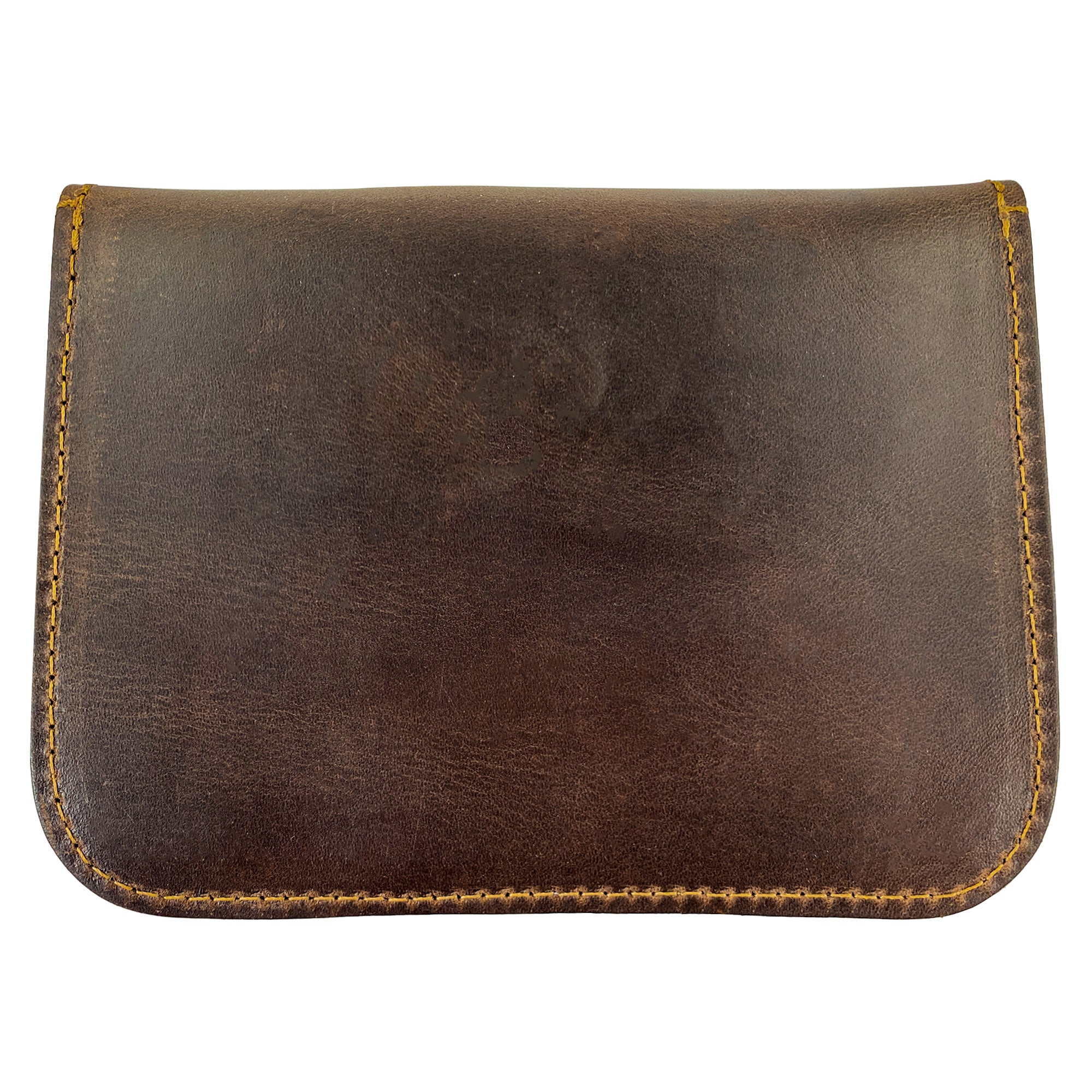 Back view of Heather's Leaf Card Wallet, displaying the rich brown full grain leather and simple design. This handmade Leaf Card Wallet is an ideal soft coin & cash organizer, cable holder, or phone & accessories case. Crafted with care using artisan techniques, it represents small batch production and durability.