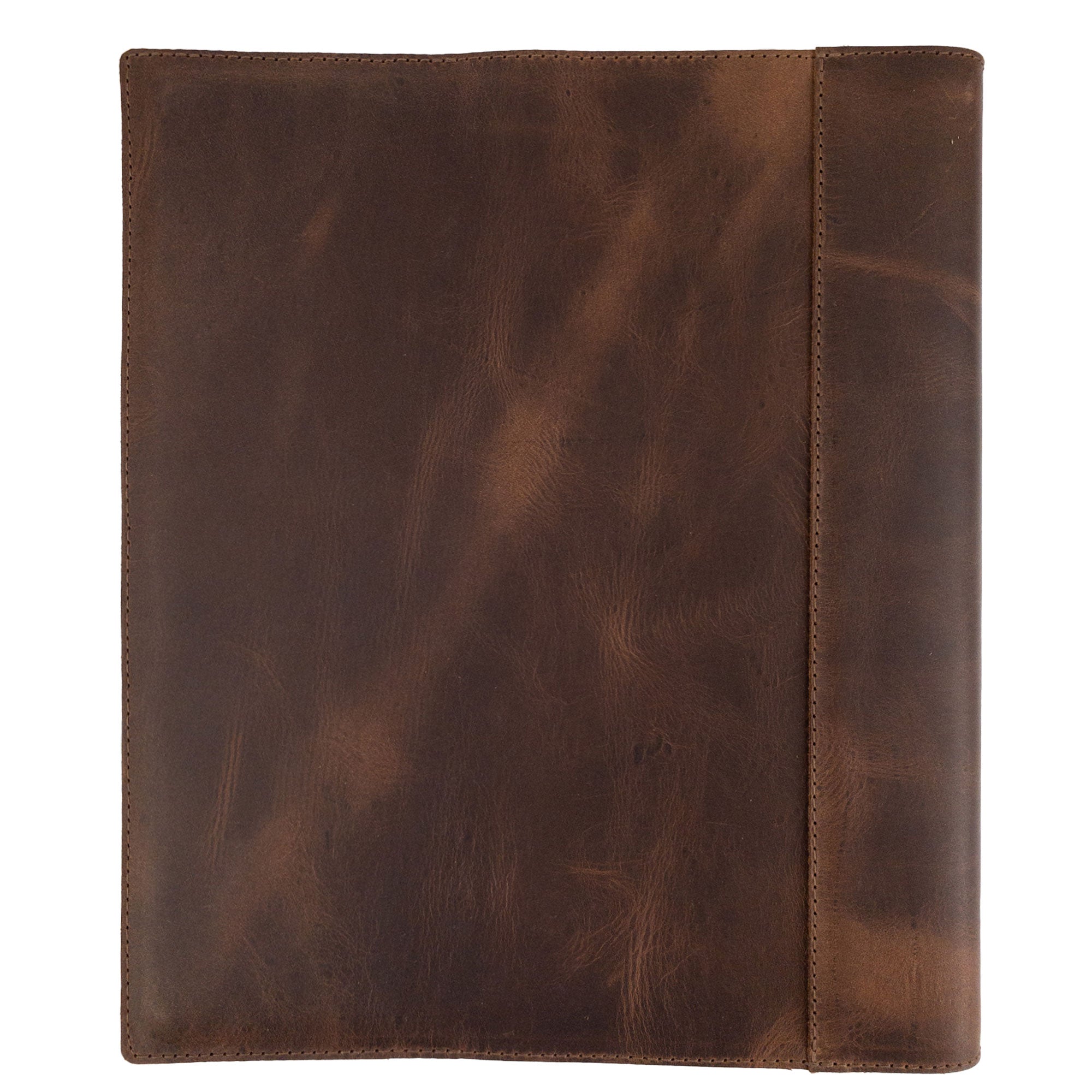A sleek exterior view of a leather binder cover by Leather Worx, showcasing its durable craftsmanship in full grain leather. This binder cover epitomizes a classy and minimalist approach to office accessories, made with care in La Antigua Guatemala, reflecting the artisan tradition of small batch production and fire branded quality.