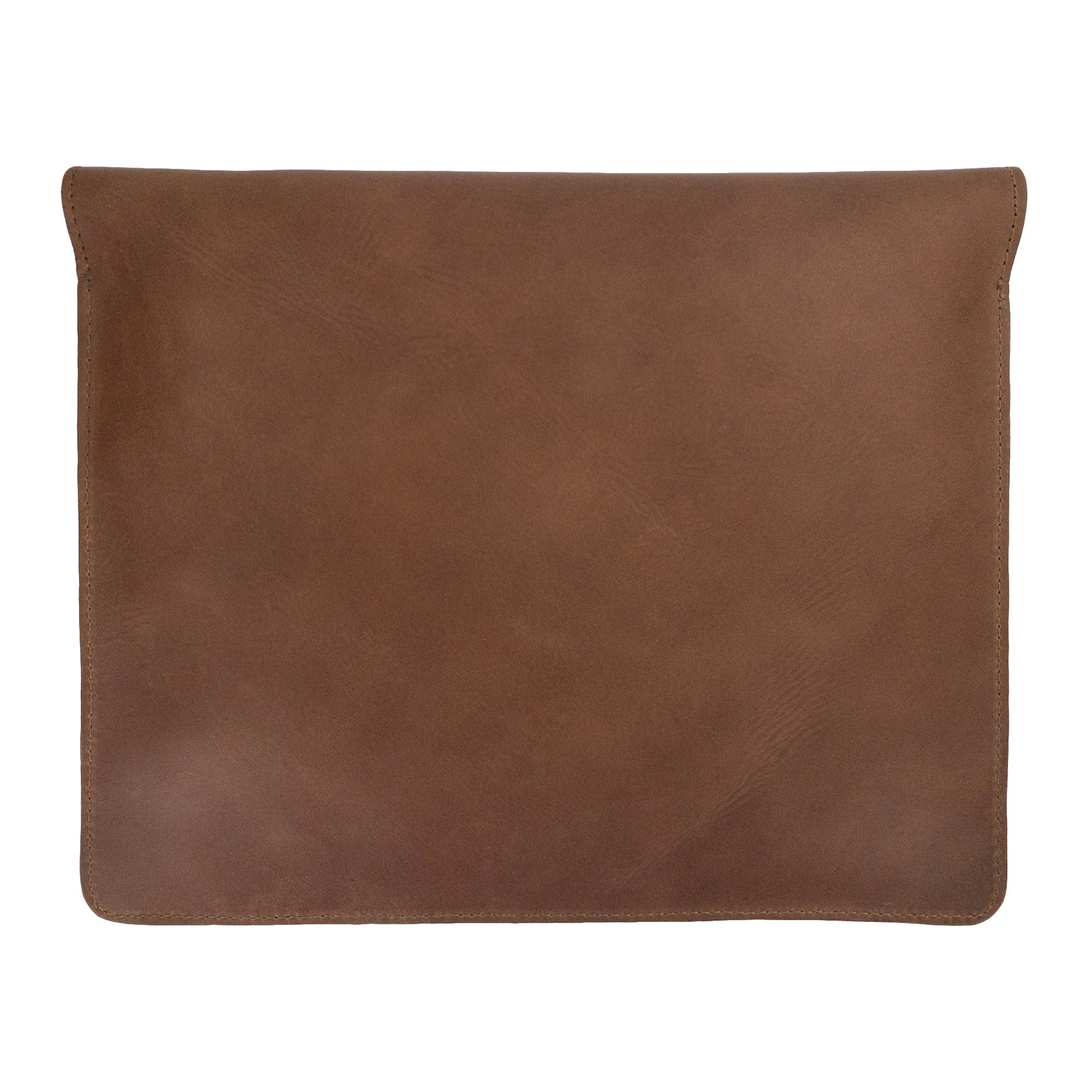 Side view of Hide & Drink's Slim Portfolio in brown, showcasing its elegant design as a handmade Flat Messenger Case. This Full Grain Leather Narrow Document Holder is an essential office accessory, made by artisans in La Antigua Guatemala & Oaxaca Mexico.