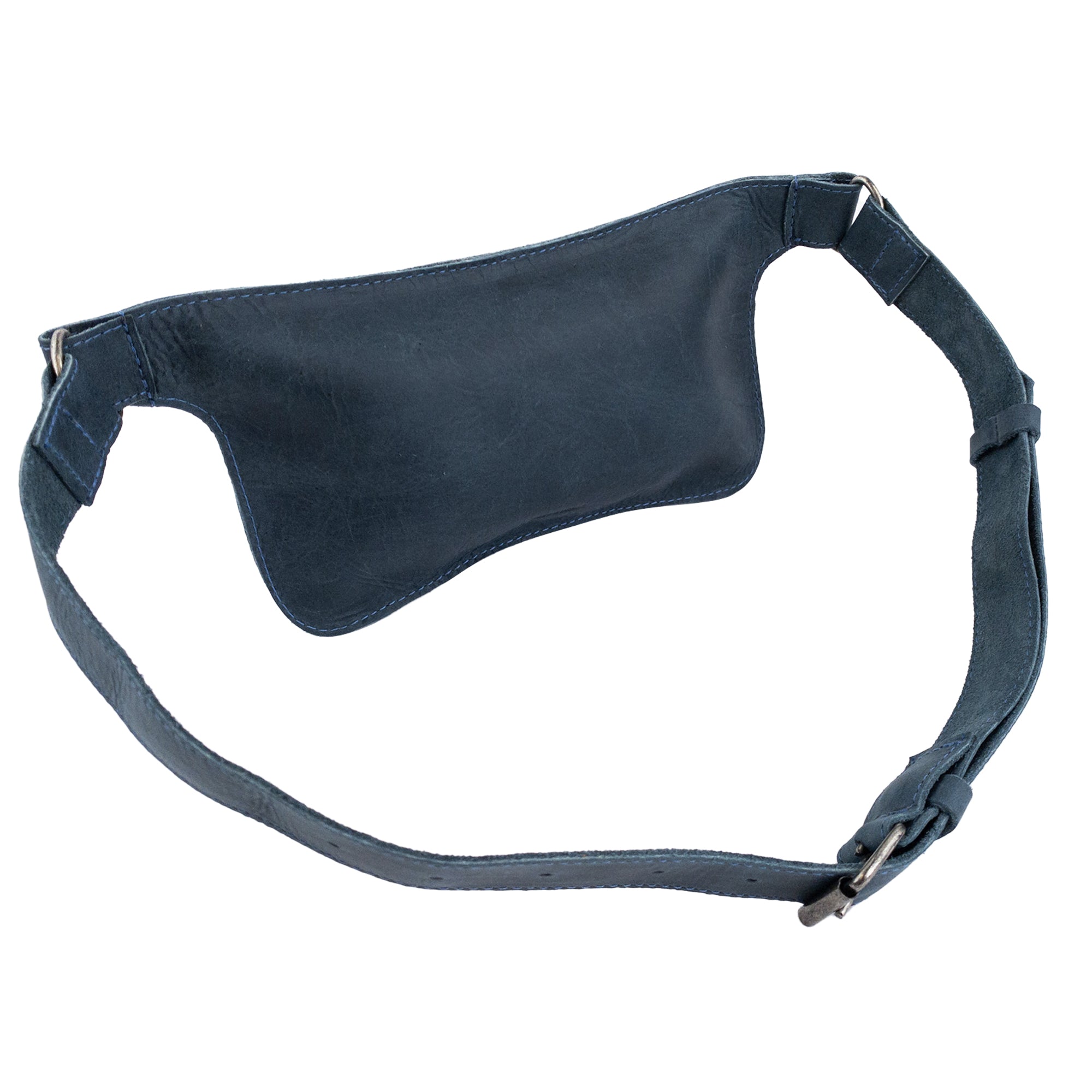 Slim Fanny Pack by Hide & Drink featuring a rich blue leather texture, elegantly showcasing an adjustable strap. This stylish narrow waist bag is handmade from full grain leather in La Antigua Guatemala, great for holding small items.