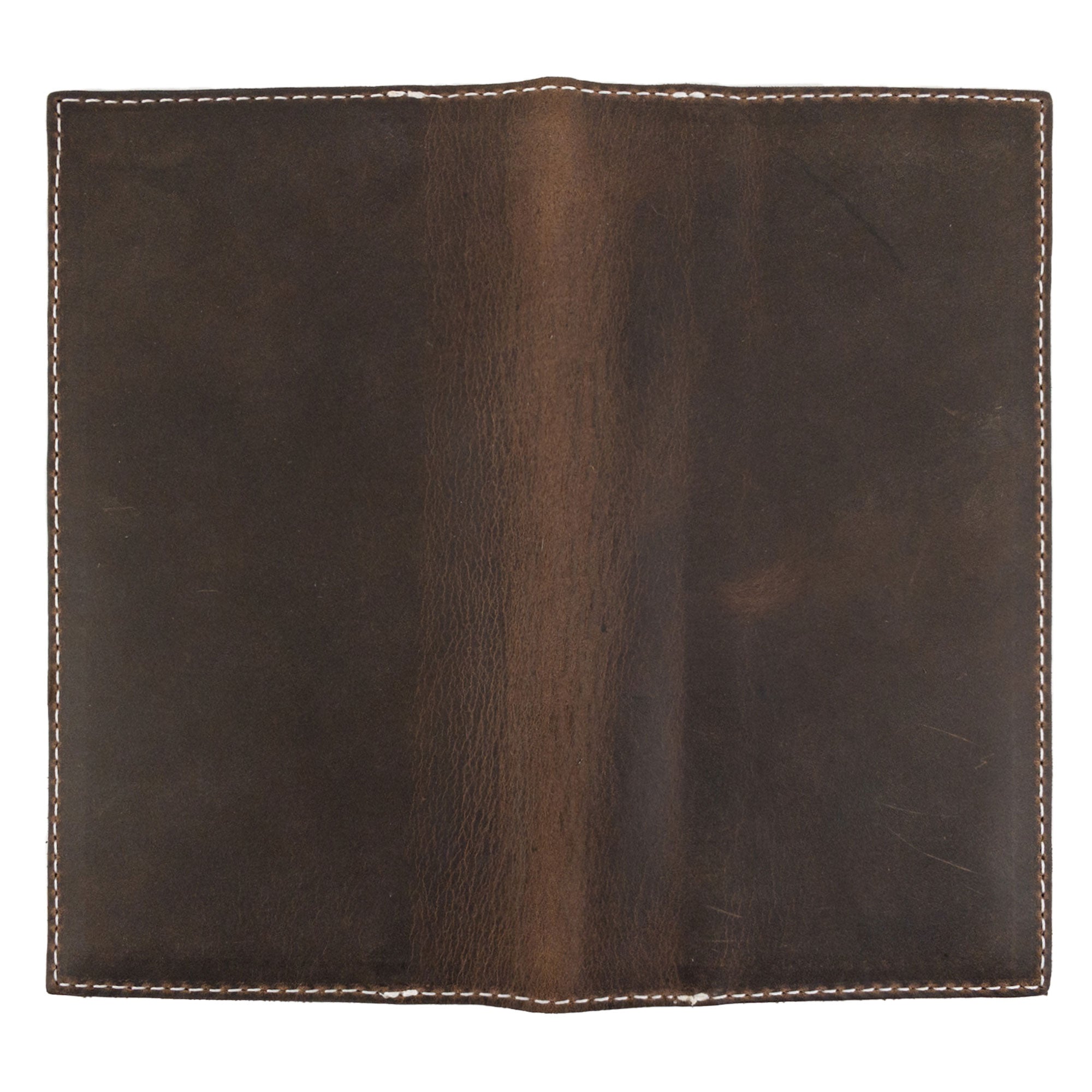Inner layout of the Checkbook Leather Cover by Hide & Drink, showcasing its utility as a minimalist organizer for standard checkbooks. Made from full grain leather, this handmade piece embodies artisan craftsmanship in La Antigua Guatemala and Oaxaca Mexico with small batch production.