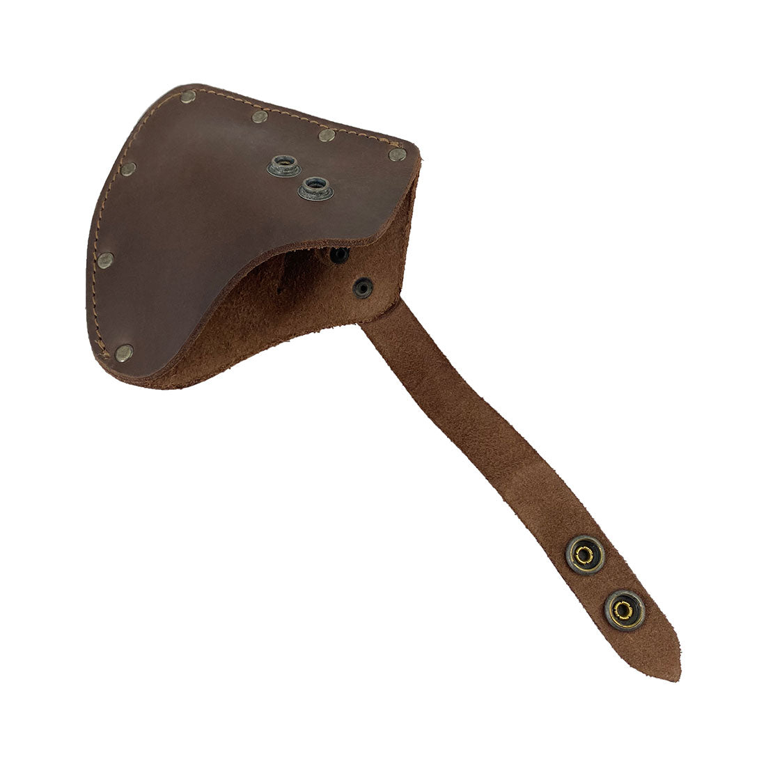 Side view of the Camper Axe Head Sheath by Hide & Drink, depicting its unique shape and adjustable strap. This Adjustable Axe Sheath functions as a blade sleeve and protector case cover, made of Full Grain Leather, designed for camping accessories and lumberjack essentials. Artisan handmade and fire branded in La Antigua Guatemala & Oaxaca Mexico.