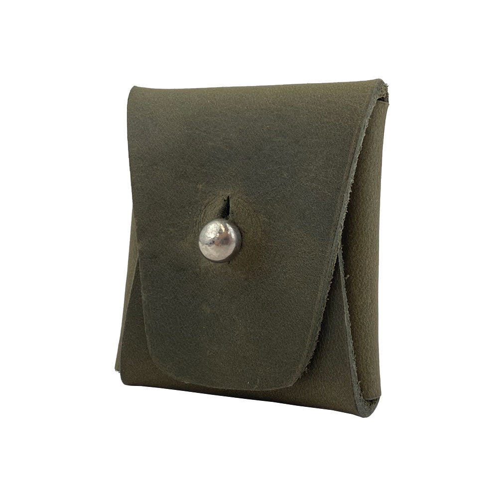 Side view of an olive green Minimalist Square Coin Pouch by Hide & Drink, showcasing its sleek silhouette and secure snap closure. Handcrafted from luxurious full grain leather, this pouch is both stylish and functional for everyday use. Minimalist Coin Pouch, SD Card Holder, Wallet and Cash Organizer, Full Grain Leather, StockyardX, Small Batch Production, Hand Cut, Hand Sewn, Fire Branded, Artisan, Handmade in La Antigua Guatemala & Oaxaca Mexico.