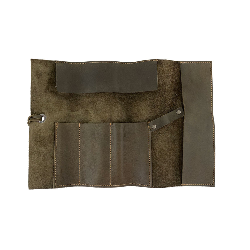 Interior view of Hide & Drink Multi Purpose Pencil Roll displaying well-designed compartments for efficient storage of various tools. The rustic full grain leather adds to its handmade charm, making it an excellent choice for organizing crafting and working needs.