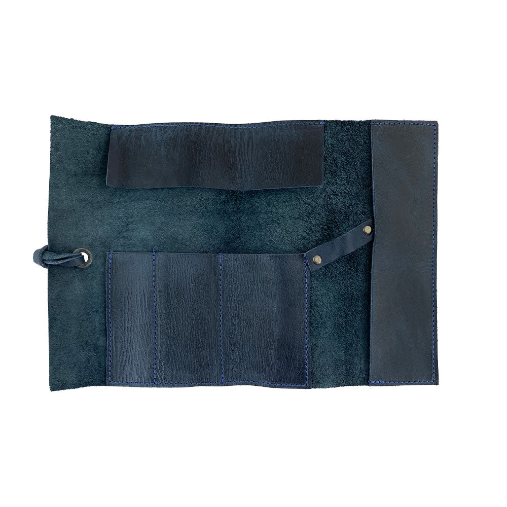 Hide & Drink Multi Purpose Pencil Roll demonstrated in a versatile open position, showcasing its usability for various crafting tools. This beautifully crafted organizer represents the quality artisan work endemic to Hide & Drink's brand.