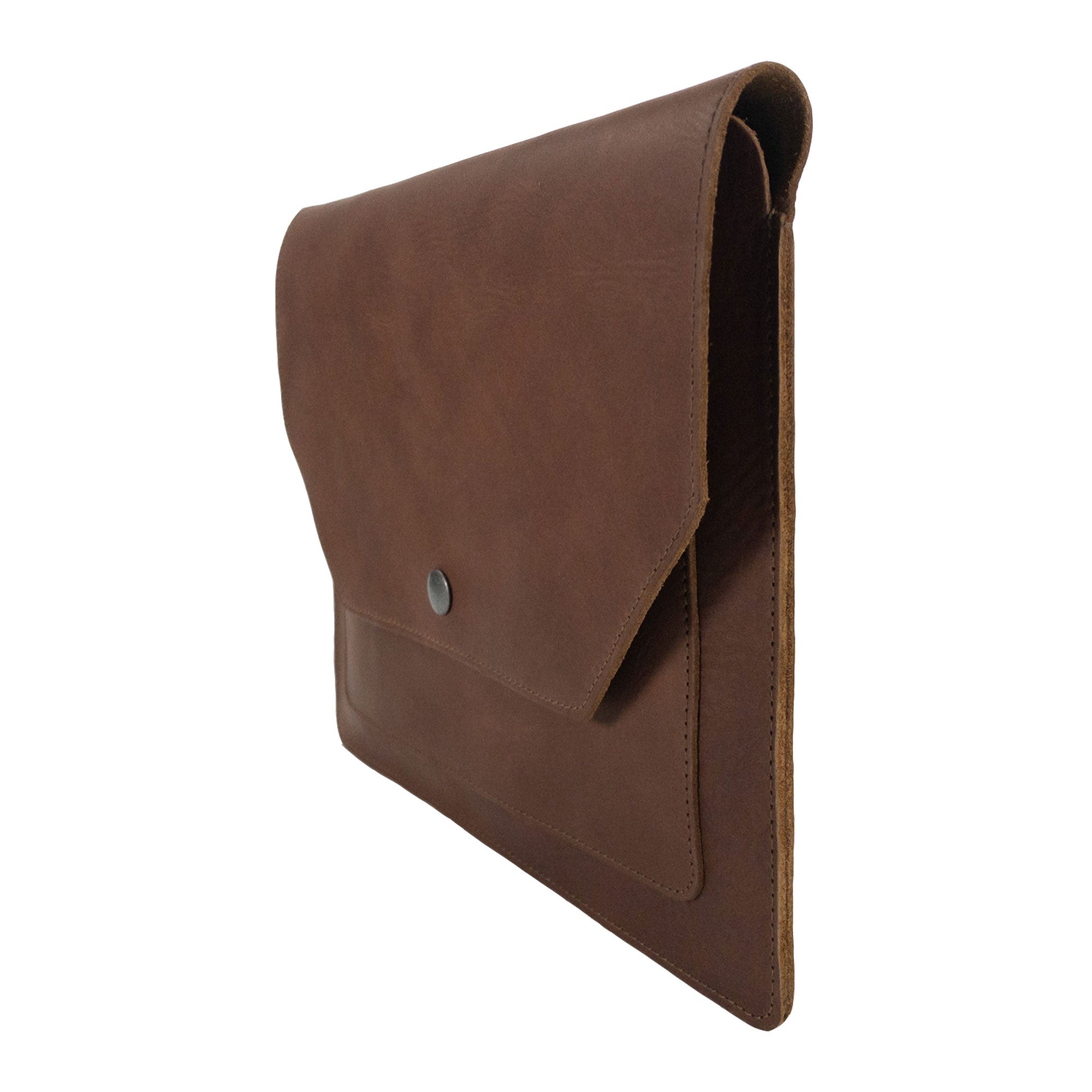 Interior view of Hide & Drink's Slim Portfolio in brown, demonstrating its practical design as a handmade Flat Messenger Case. Made from Full Grain Leather, this Narrow Document Holder embodies artisan craftsmanship from La Antigua Guatemala & Oaxaca Mexico.