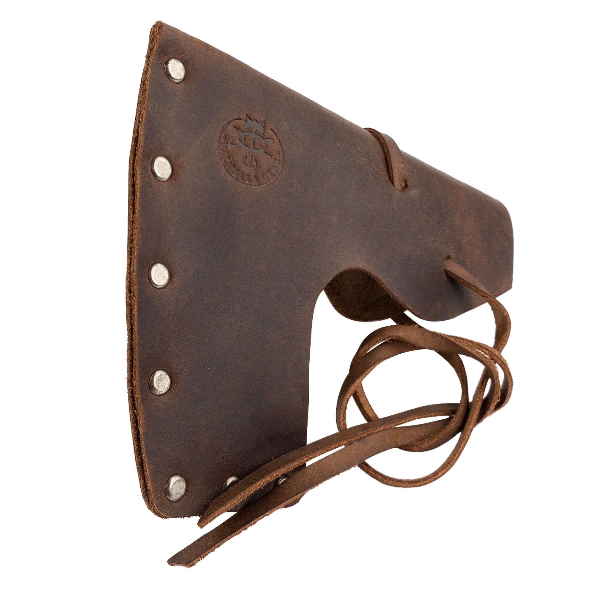 Close-up view of Valhalla Gear's Bearded Axe Head Sheath with String, highlighting the craftsmanship details of the Riveted Axe Head Sheath with String. A perfect Blade Safety Sleeve, made from Full Grain Leather for lumberjacks, this artisan product is part of unique Small Batch Production, hand cut and hand sewn in La Antigua Guatemala & Oaxaca Mexico.