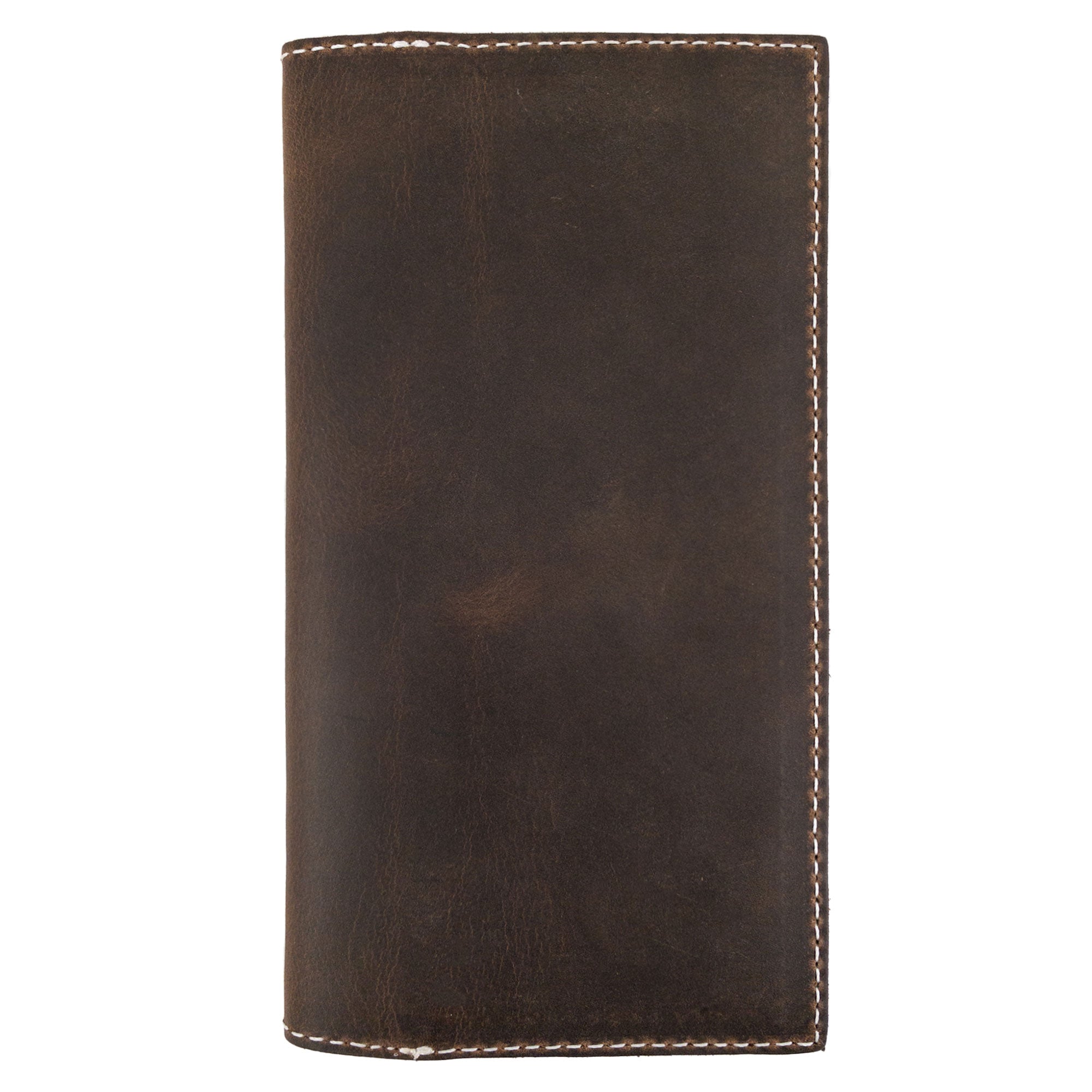 Back view of the Checkbook Leather Cover by Hide & Drink, designed for functionality as a minimalist organizer for standard checkbooks. This artisan product, handmade from full grain leather, is created in La Antigua Guatemala and Oaxaca Mexico, showcasing the dedication to small batch production.