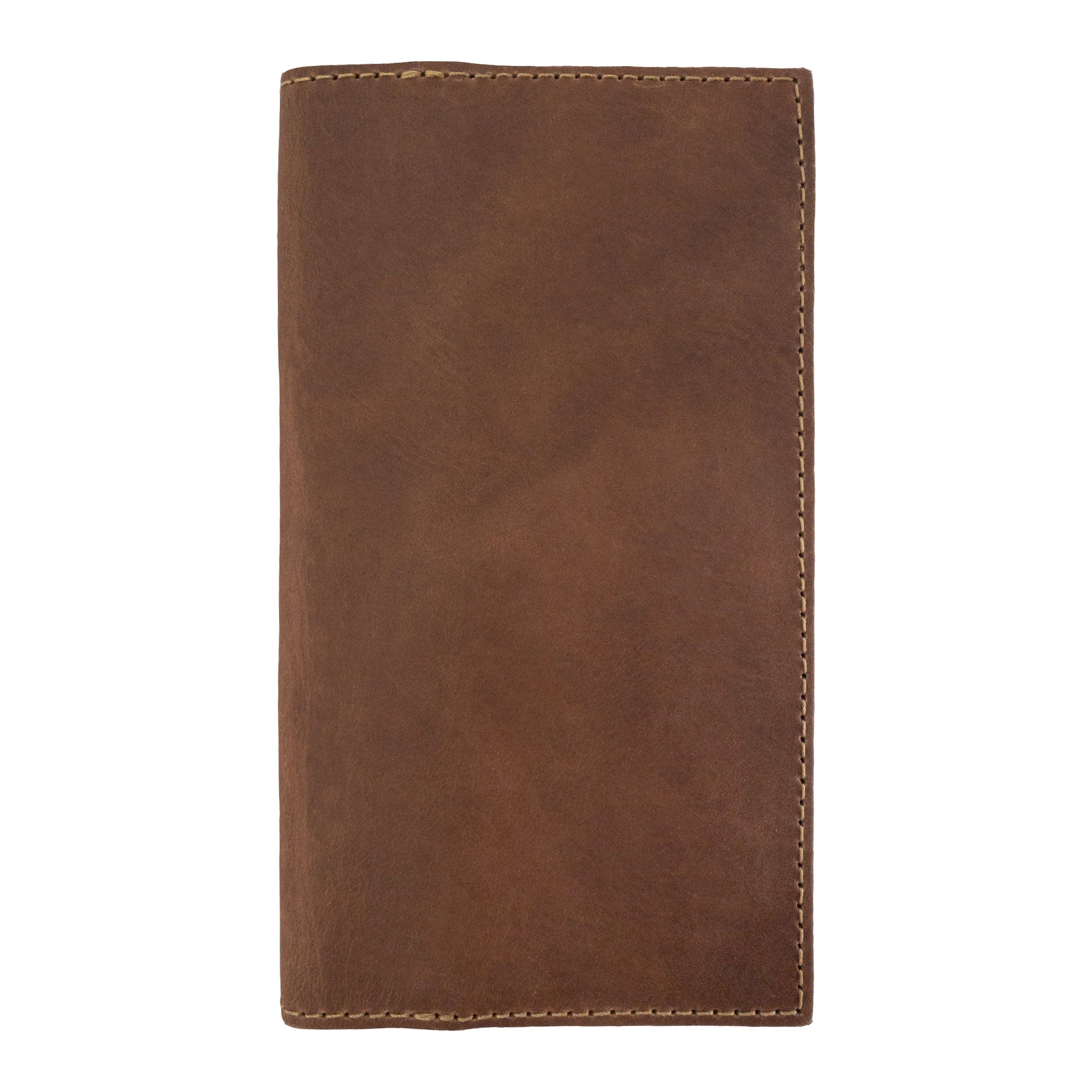 Exterior view of the brown Checkbook Leather Cover by Hide & Drink, serving as a minimalist organizer for standard checkbooks. This handmade item is crafted from full grain leather, emphasizing artisan quality and small batch production from La Antigua Guatemala and Oaxaca Mexico.