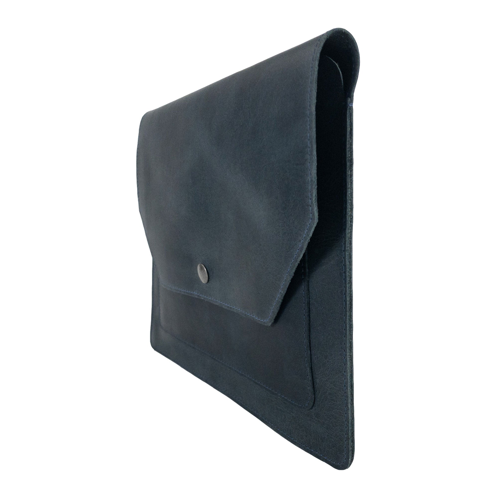 Hide & Drink's Slim Portfolio in blue described with dimensions, emphasizing its smart design as a handmade Flat Messenger Case. This Full Grain Leather Narrow Document Holder is a perfect office accessory made in La Antigua Guatemala & Oaxaca Mexico.