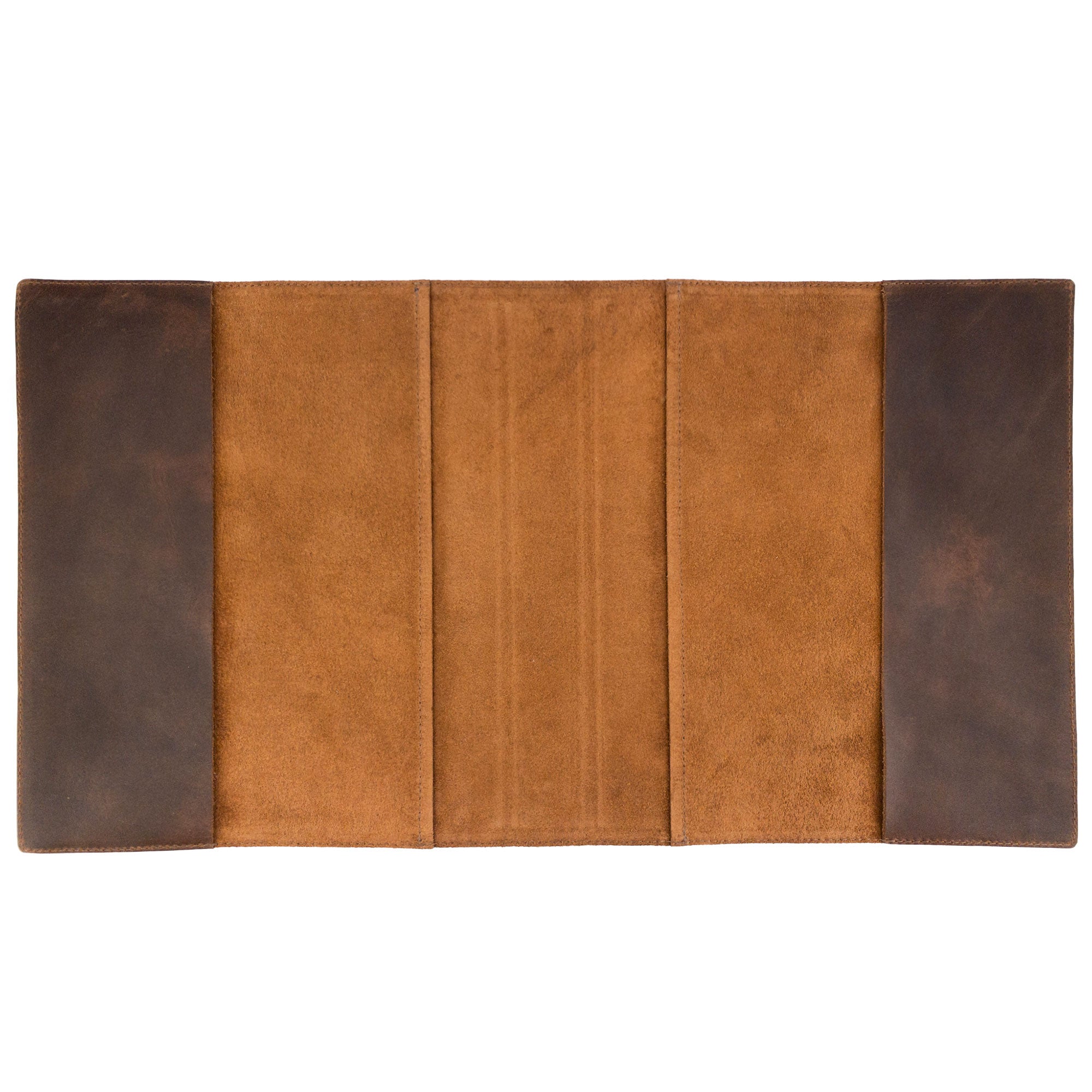 An open binder cover from Leather Worx, demonstrating premium craftsmanship in full grain leather. This binder cover is a classy addition to any professional setup, merging minimalist style with functionality. Handcrafted in La Antigua Guatemala, it represents small batch production and an artisan touch, featuring hand cut and hand sewn details.