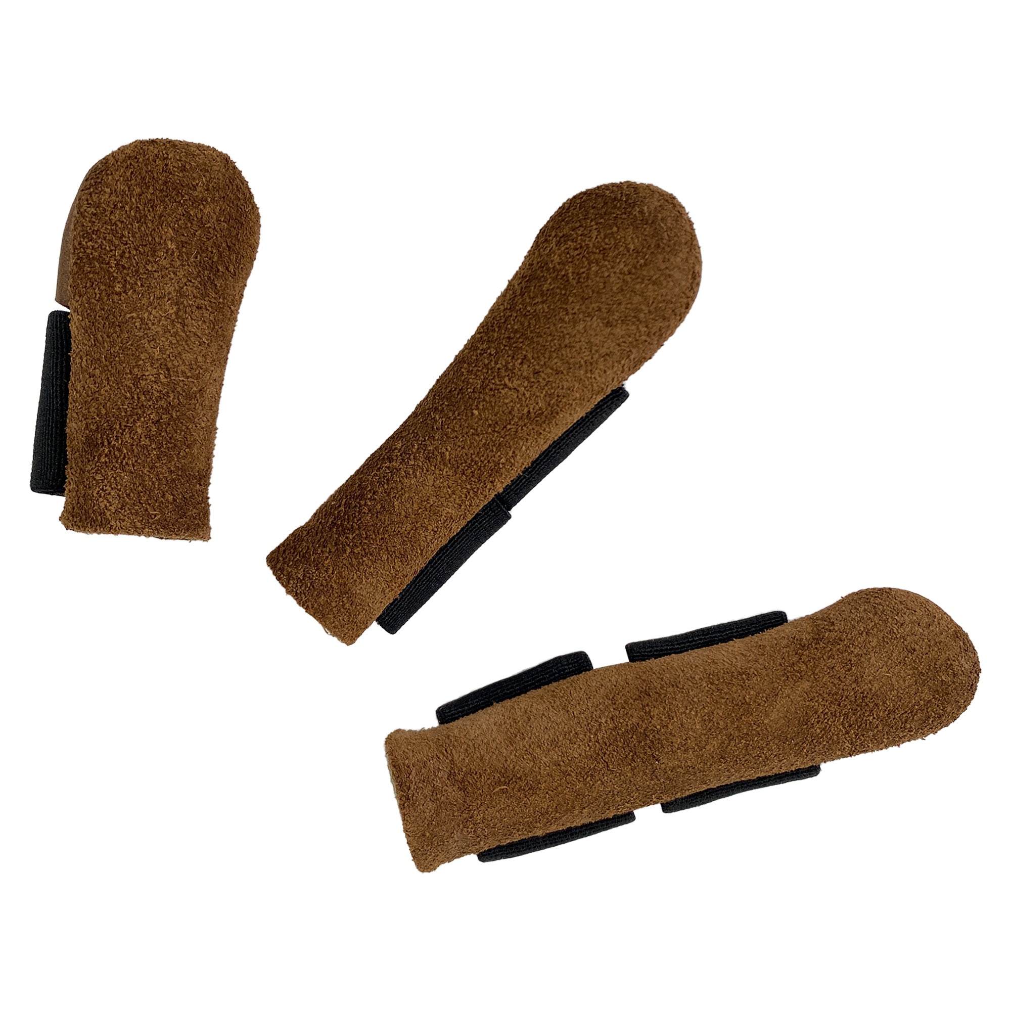 Displaying Toolshed Hide Thumb and Finger Guards (3 Pieces) in a close-up, highlighting their comfortable protection for fingers. These full grain leather pieces reflect artisan craftsmanship and belong to StockyardX’s small batch production, featuring hand cut, hand sewn, and fire branded techniques originating from La Antigua Guatemala & Oaxaca Mexico.