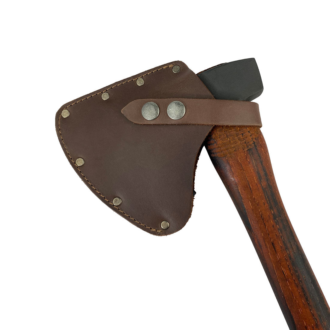 Camper Axe Head Sheath by Hide & Drink worn on an axe handle, demonstrating its fitting design and functionality as an Adjustable Axe Sheath. This blade sleeve acts as a protector case cover for outdoor activities, made of premium Full Grain Leather, emphasizing artisan craftsmanship in small batch production, hand cut, and hand sewn in La Antigua Guatemala & Oaxaca Mexico.