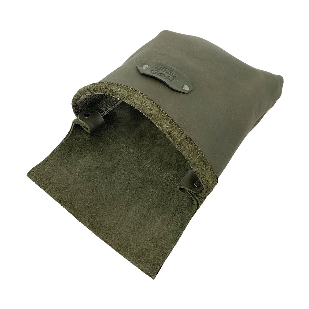 Open view of the Constructor Belt Bag in olive green by Hide & Drink, designed for constructors. This spacious tool bag features a large pocket and is made from full grain leather, showcasing artisan craftsmanship from La Antigua Guatemala & Oaxaca Mexico.
