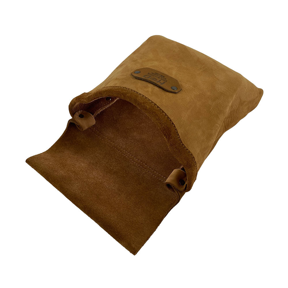 Open view of the Constructor Belt Bag in tan by Hide & Drink, perfect for constructors. This tool bag features a large pocket and is made from full grain leather, showcasing artisan craftsmanship from La Antigua Guatemala & Oaxaca Mexico.