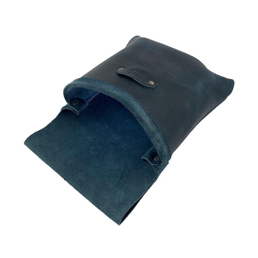 Open view of the Constructor Belt Bag in slate blue by Hide & Drink, showcasing its design for constructors. This tool bag boasts a spacious main pocket crafted from full grain leather, artisan-made in La Antigua Guatemala & Oaxaca Mexico.