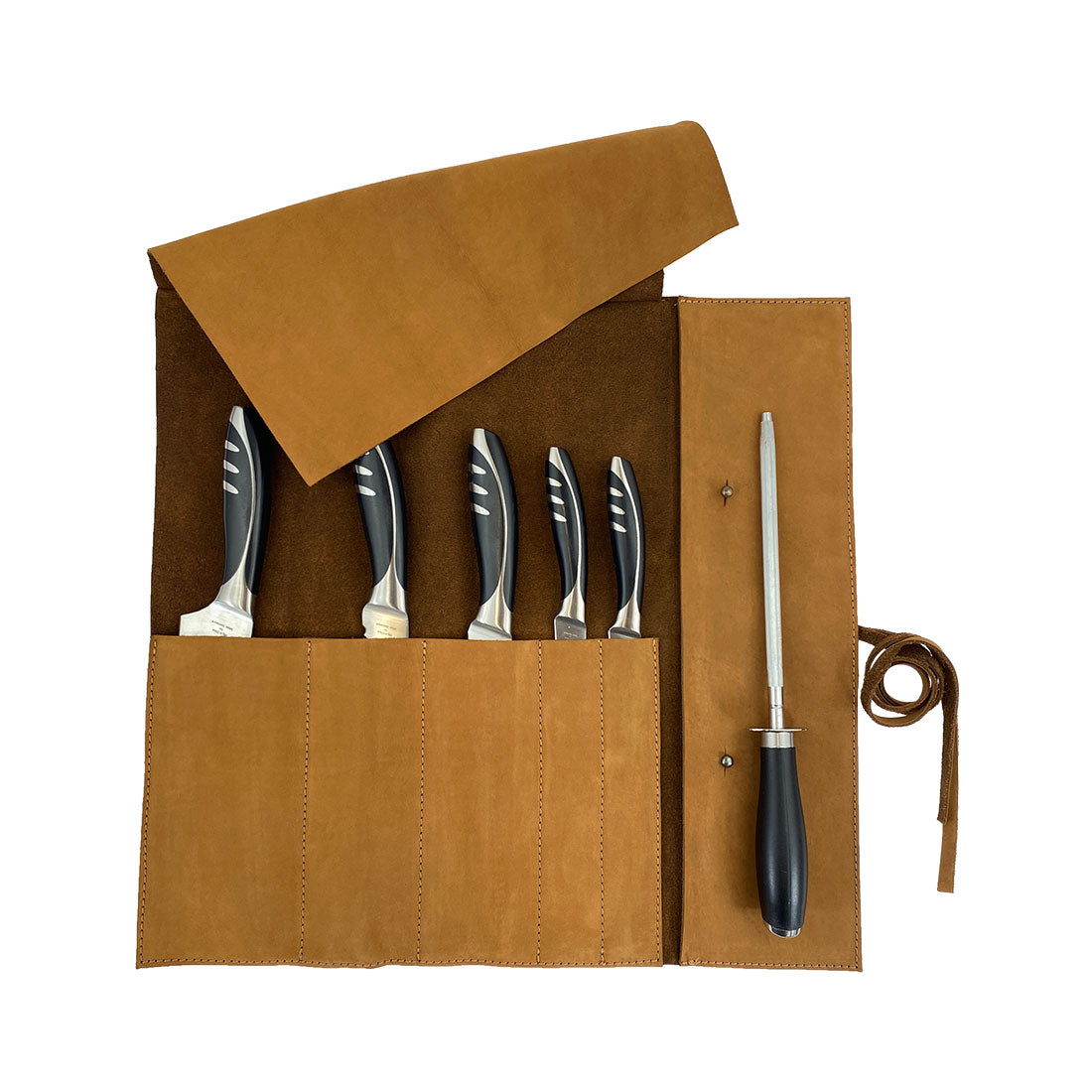 Hide & Drink Knife Roll (5 Pockets) displayed closed, expertly manufactured from Full Grain Leather. This Chef Knife Bag serves as a practical portable carrying case for knives, reflecting the artisanal approach of small batch production, along with hand cut and hand sewn features.