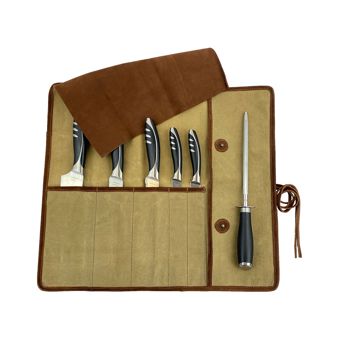 Hide & Drink Knife Roll (5 Pockets) exhibiting a stylish design crafted from Full Grain Leather. This Chef Knife Bag acts as a portable carrying case for knives, capturing the essence of artisan craftsmanship and dedication seen in small batch production, along with hand cut and hand sewn techniques.