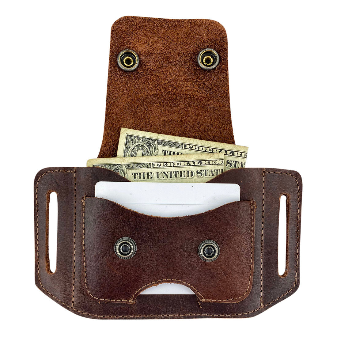 Open view of the Hide & Drink Tactical Card Holder, showing its spacious interior designed for cards and folded bills. Made from durable full grain leather, it serves as an excellent card storage solution. The product is a result of small batch production and showcases expert hand cut and hand sewn techniques coupled with fire branding. Artisan crafted in La Antigua Guatemala & Oaxaca Mexico.