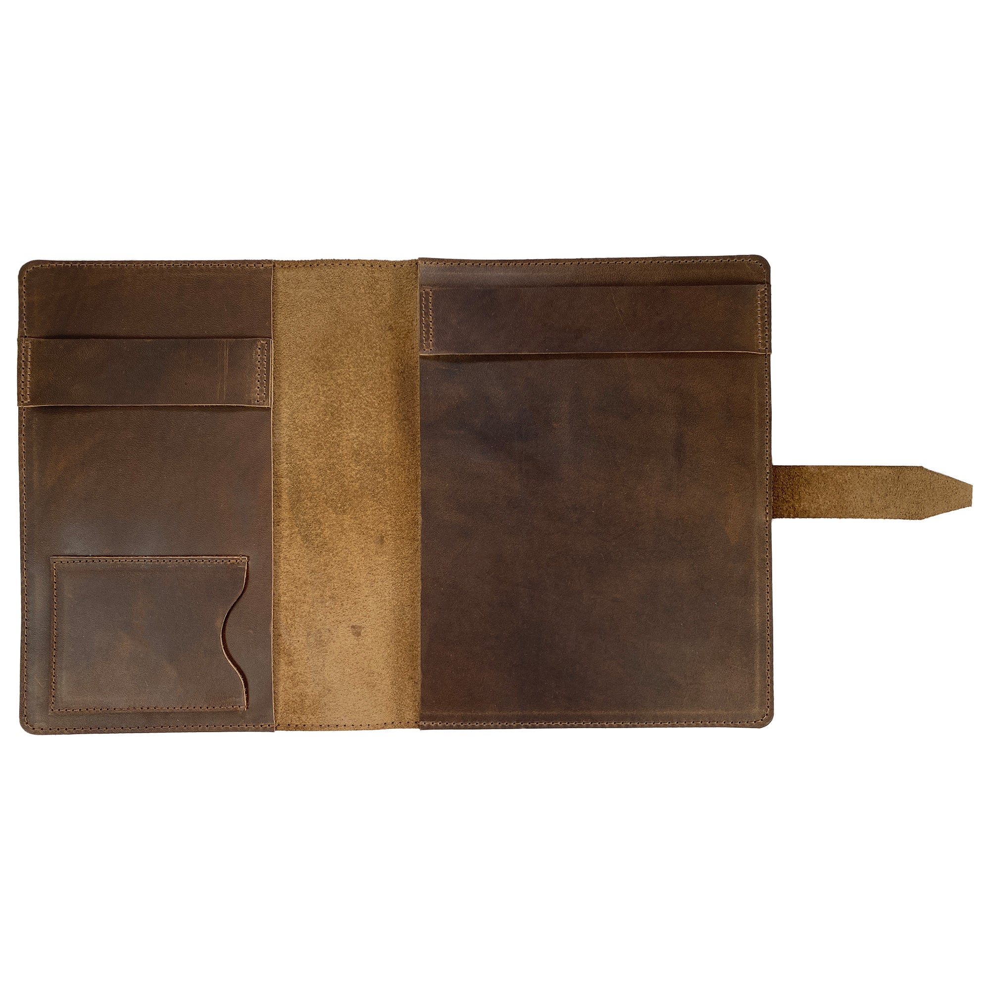 Interior view of Leather Worx Notepad Cover, featuring multiple pockets for organization. This Notepad Cover is designed with a sturdy, durable material, making it ideally suited for notebooks or journals. Enjoy a minimalist style crafted with full grain leather, emphasizing artisan quality and handmade techniques from La Antigua Guatemala.