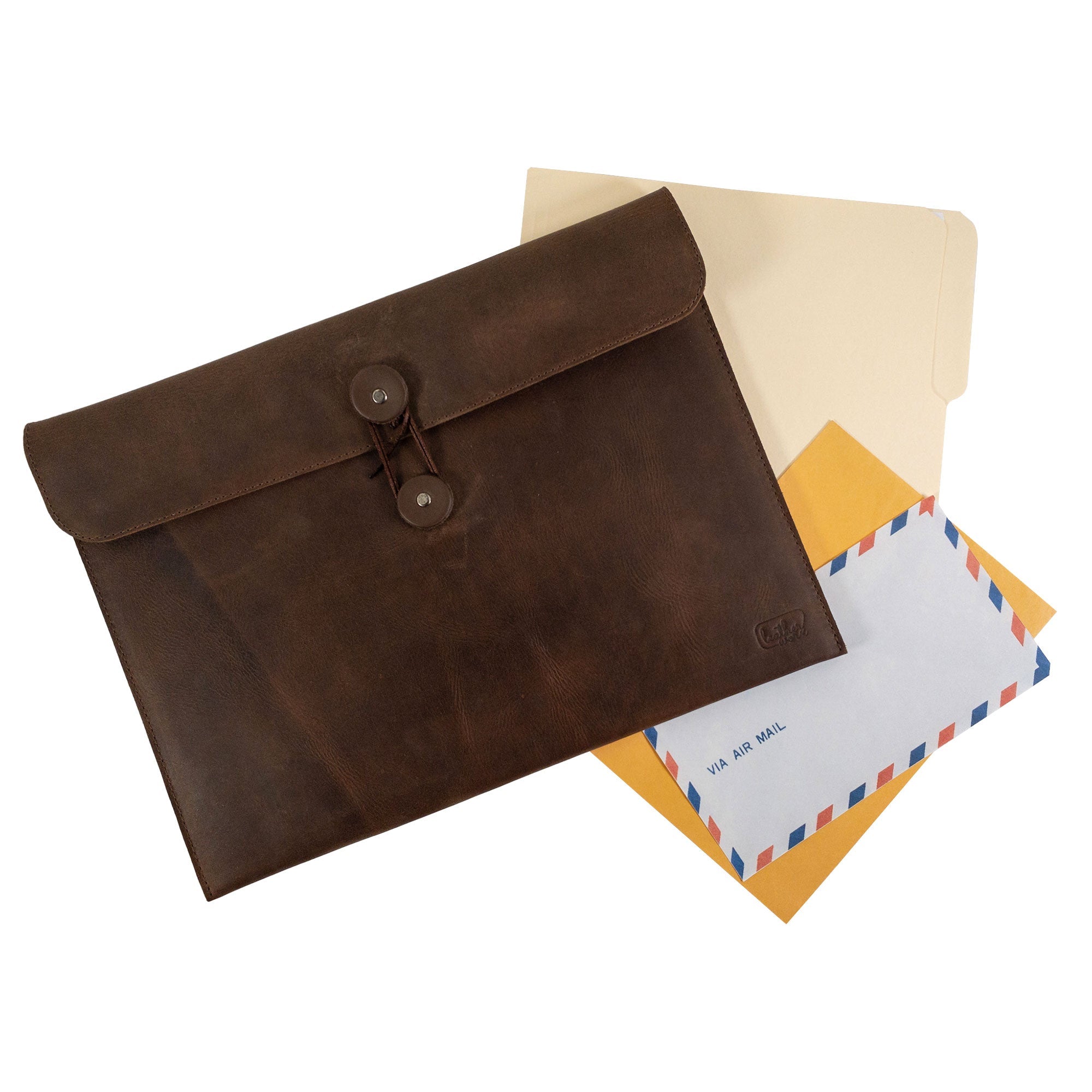 Horizontal Mailing Envelope by Leather Worx with contents displayed, including files and letters; made from Full Grain Leather and designed with artisan techniques such as hand cut and hand sewn, Made in La Antigua Guatemala & Oaxaca Mexico.
