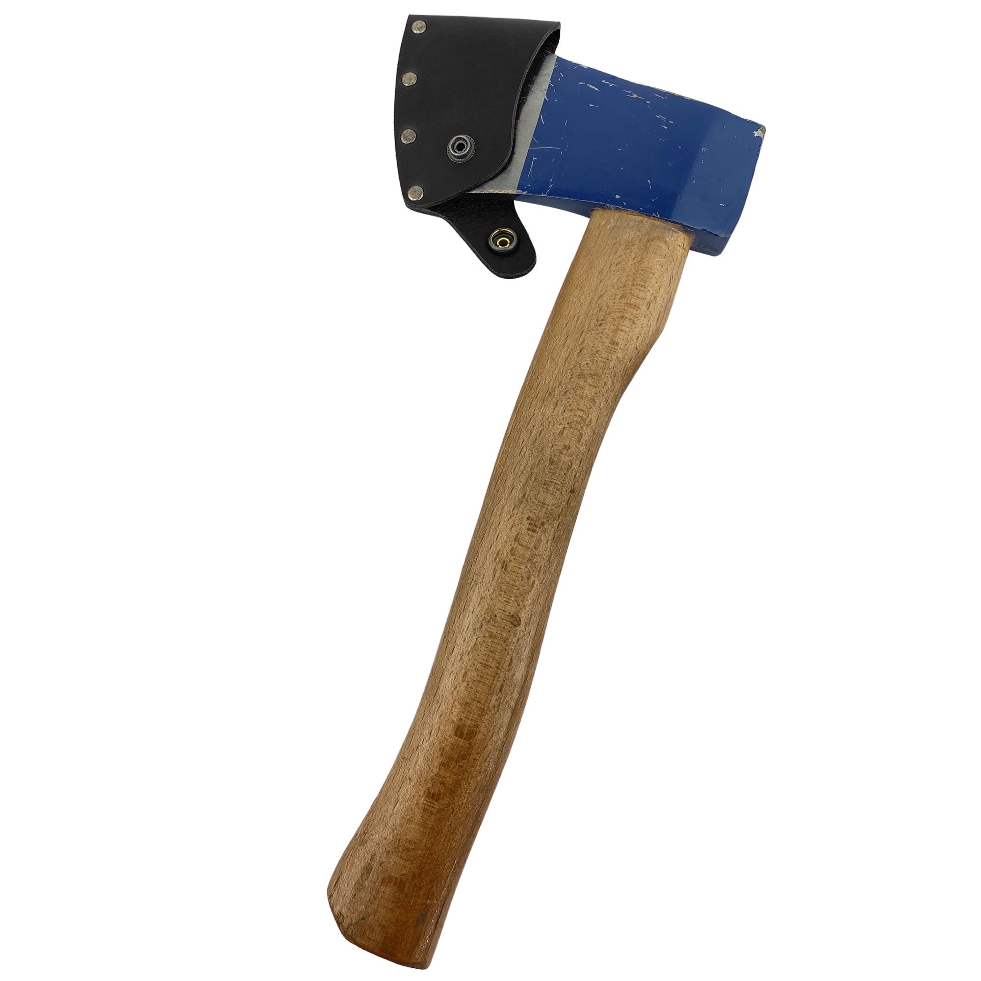 A blue axe equipped with a black Hatchet Blade Cover by Valhalla Gear, demonstrating protection and style for lumberjacks and campers alike - Protector Case Cover, Small Axe Blade Safety Sleeve, Camping Accessory, Lumberjack Outdoor Essentials, StockyardX, Small Batch Production, Hand Cut, Hand Sewn, Fire Branded, Artisan, Handmade in La Antigua Guatemala & Oaxaca Mexico.