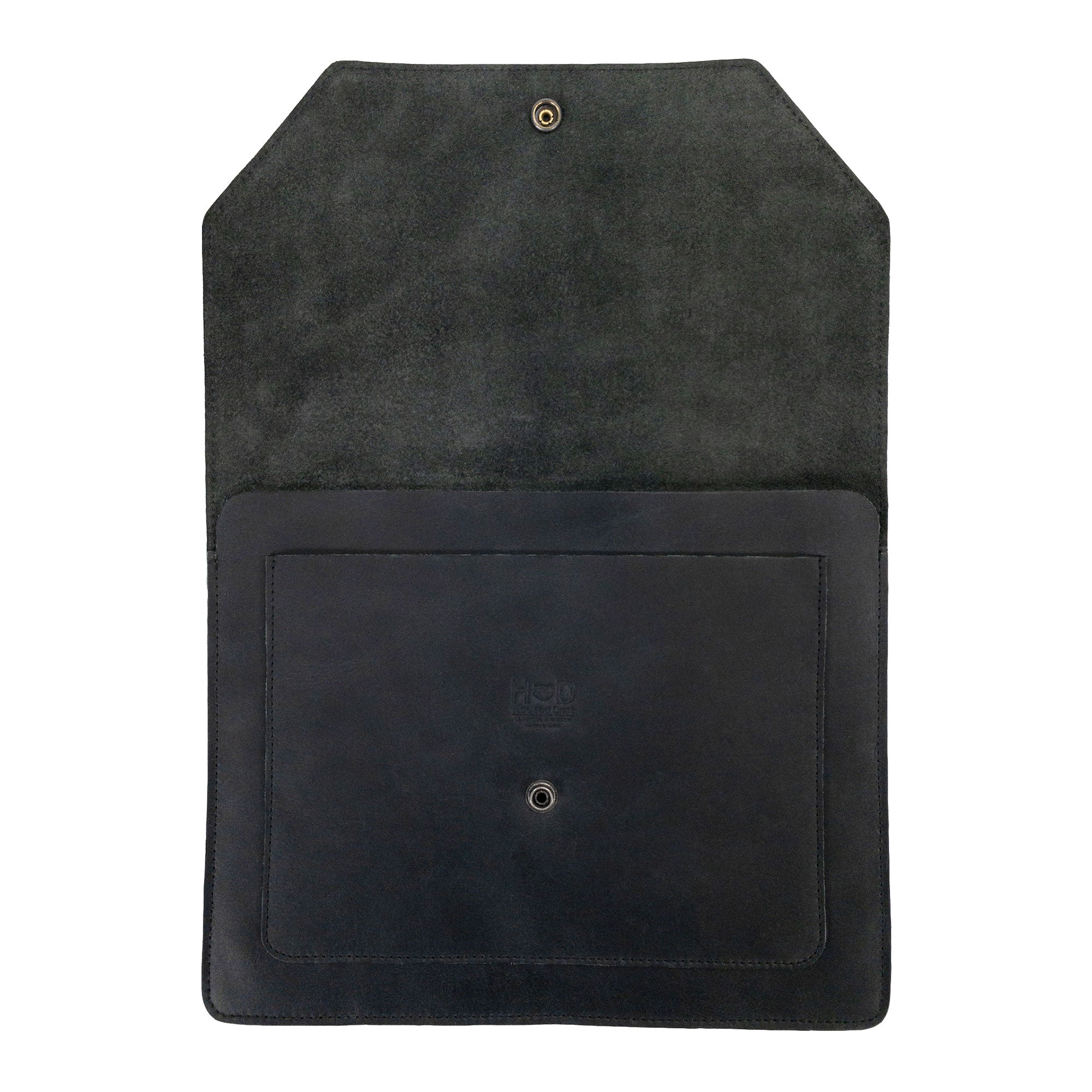 Interior view of Hide & Drink's Slim Portfolio in black, emphasizing its organizational features as a handmade Flat Messenger Case. Made from Full Grain Leather, this Narrow Document Holder represents artisan craftsmanship in La Antigua Guatemala & Oaxaca Mexico.