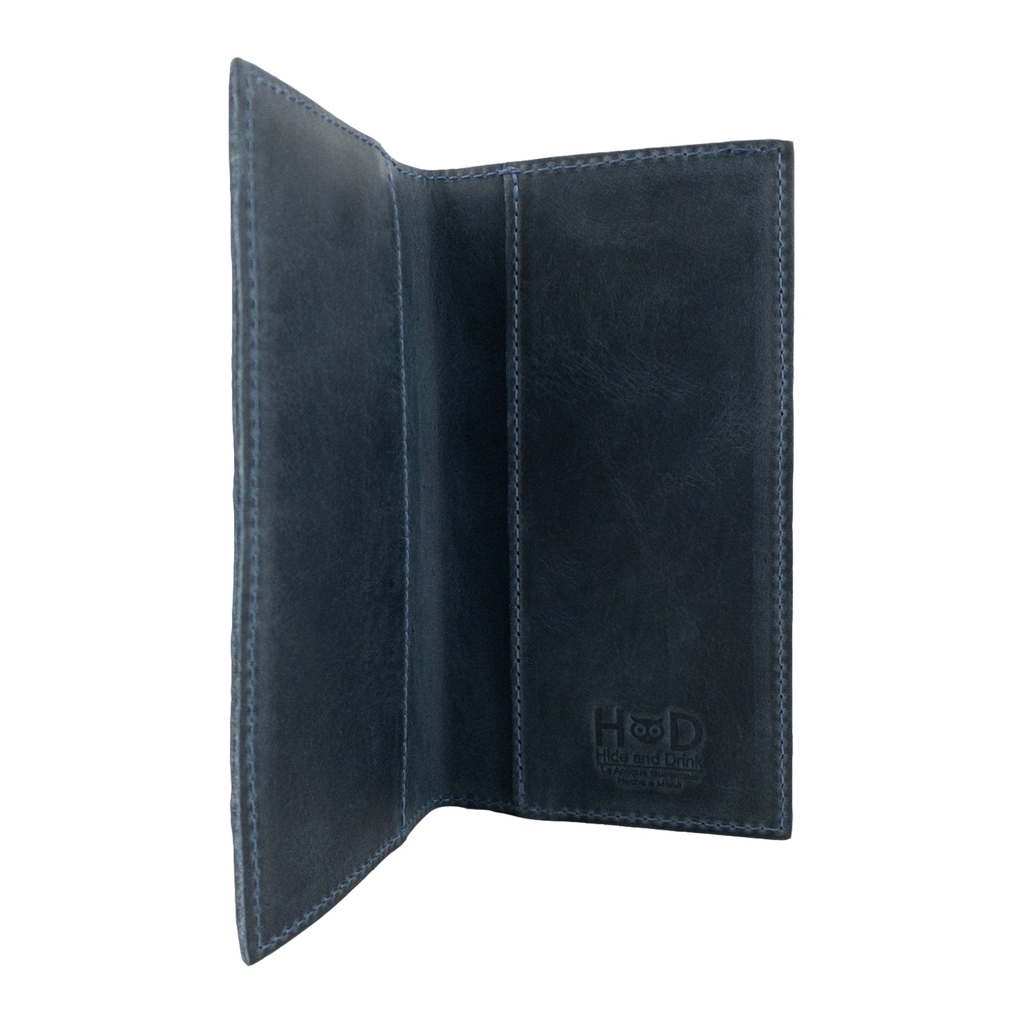 Inside of the Checkbook Leather Cover by Hide & Drink, showcasing its role as a minimalist organizer for standard checkbooks. This handcrafted product is formed using full grain leather, reinforcing artisan traditions from La Antigua Guatemala and Oaxaca Mexico with small batch production.