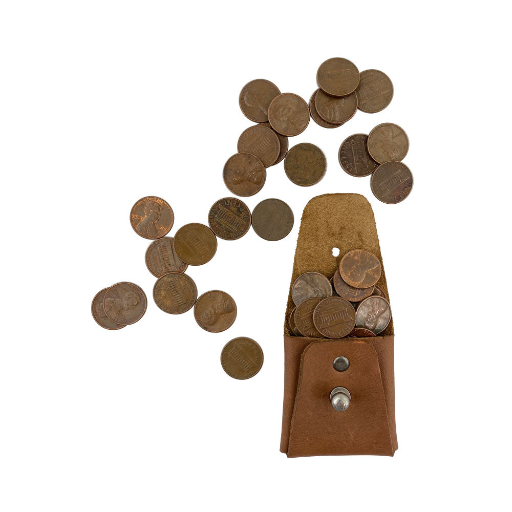 Inside view of a light brown Minimalist Square Coin Pouch by Hide & Drink, showcasing its spacious design for small items. Made with care from full grain leather, this pouch is perfect for keeping coins organized with style. Minimalist Coin Pouch, SD Card Holder, Wallet and Cash Organizer, Full Grain Leather, StockyardX, Small Batch Production, Hand Cut, Hand Sewn, Fire Branded, Artisan, Handmade in La Antigua Guatemala & Oaxaca Mexico.