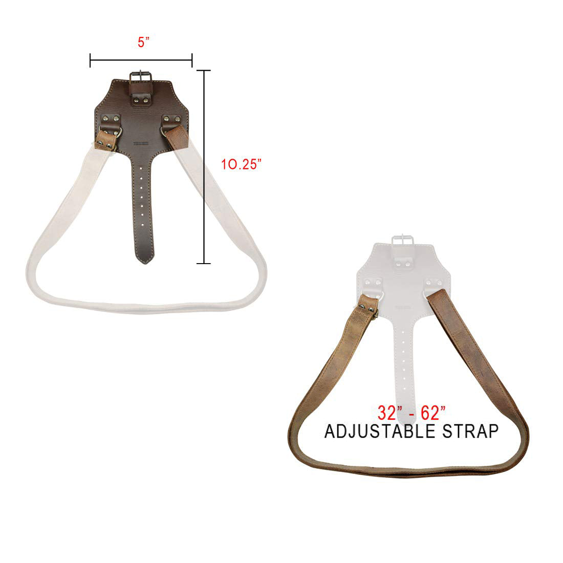 Image showing dimensions of Hide & Drink Umbrella Strap Holder with adjustable strap, illustrating its full grain leather build. As an urban vintage accessory, this product involves small batch production, featuring hand cut, hand sewn qualities, fire branded, and is handmade in La Antigua Guatemala & Oaxaca Mexico.