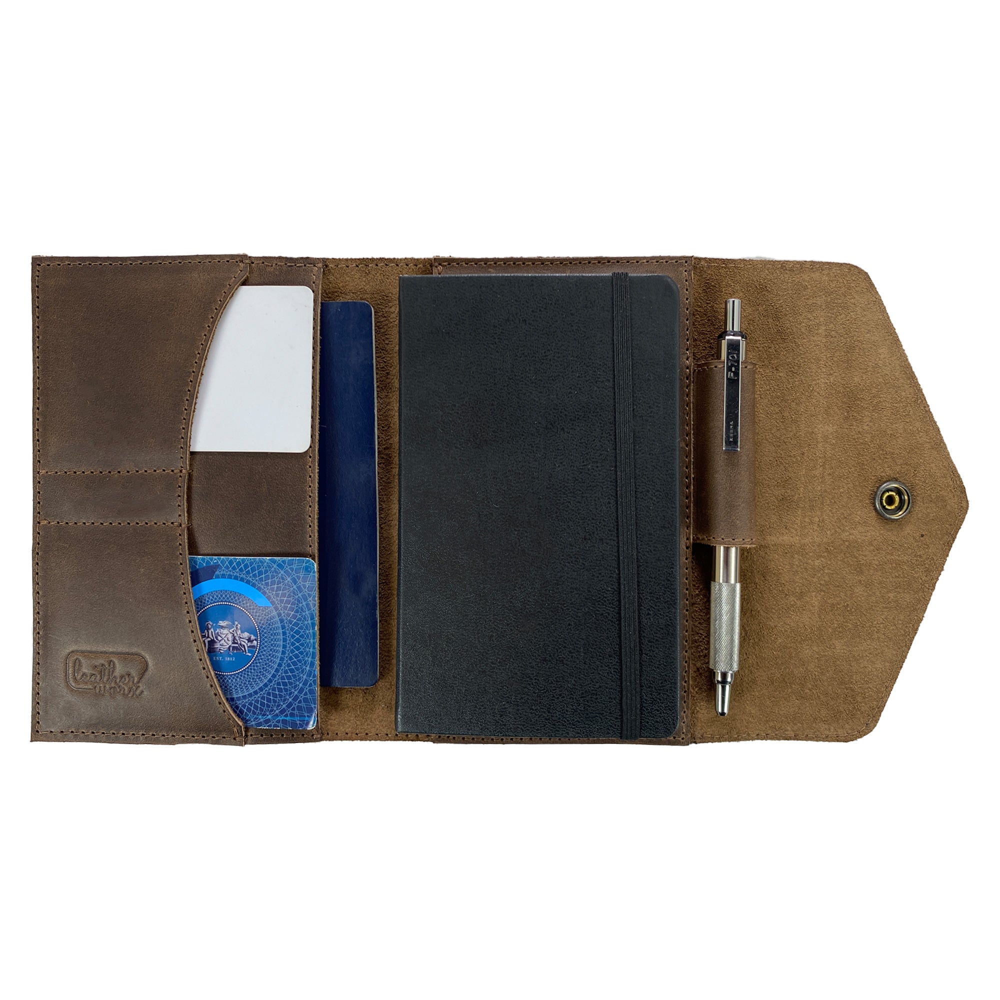 Inside view of Leather Worx Pocket Notebook Cover for Moleskine (3.5 x 5.5 in.) featuring card slots and a pen holder. This beautiful, handcrafted leather cover is functional and elegant, made from Full Grain Leather for durability.