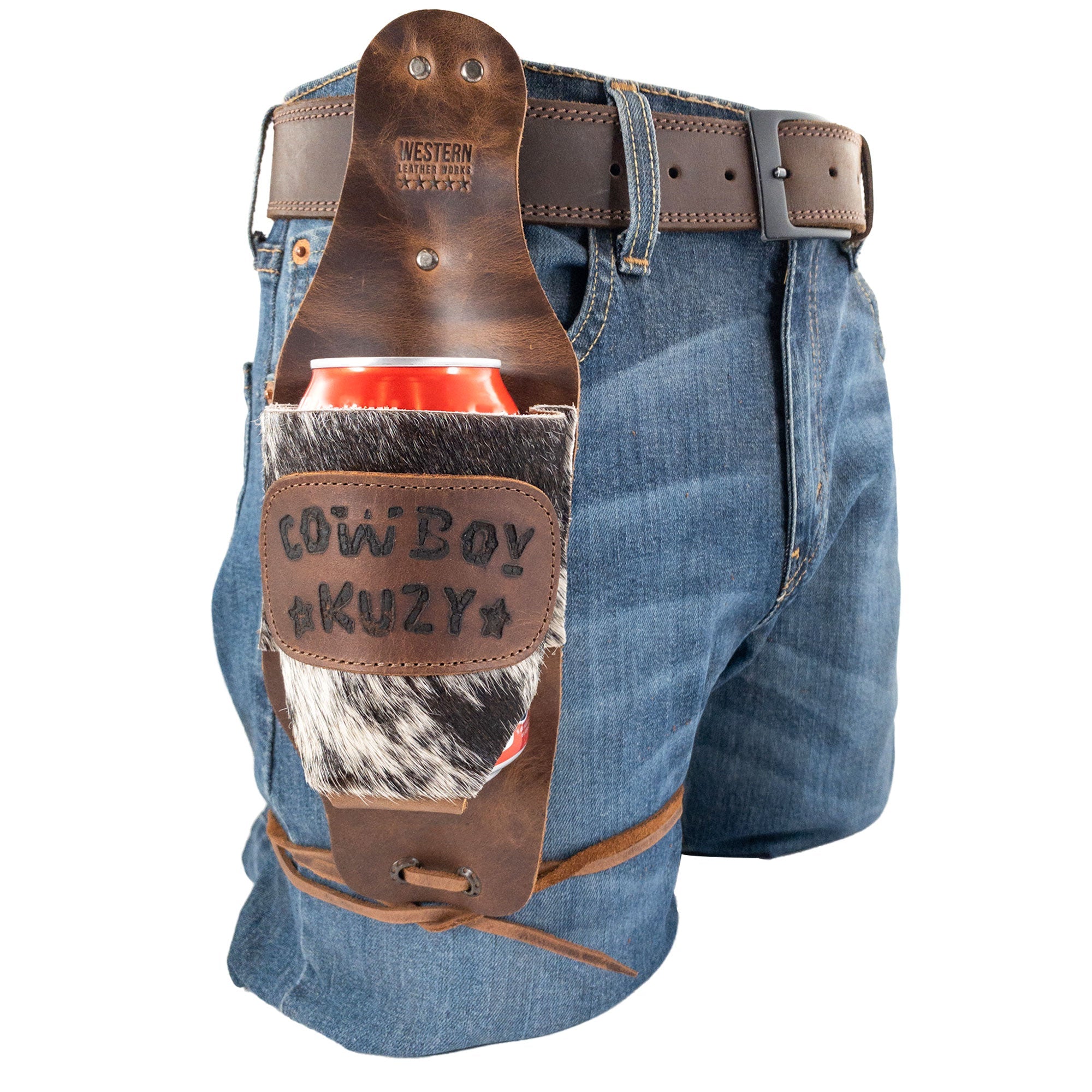 The Cowboy Beer Holster by Western Leather Works secured to denim shorts with a can inside, demonstrating its versatility as a handsfree beverage holder. This artisan product blends old school style with modern convenience, crafted from premium full grain leather in La Antigua Guatemala & Oaxaca Mexico.