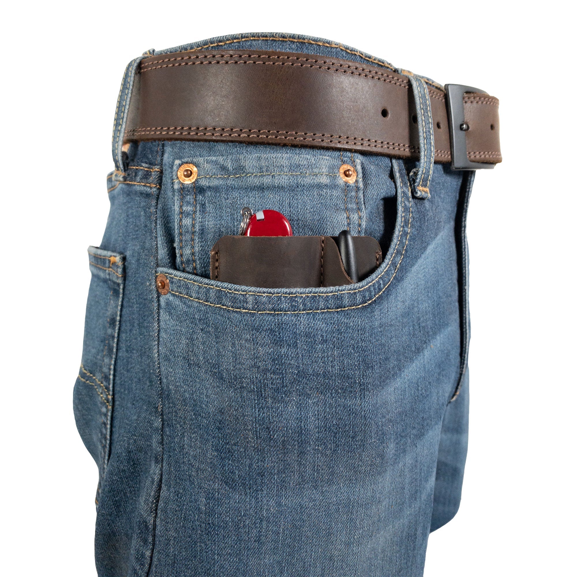 Valhalla Gear Tactical Card Holder with Pen Slots tucked neatly in a back pocket. This compact EDC Card Holder with Pen Slots, made from Full Grain Leather, showcases handmade artistry from La Antigua Guatemala.