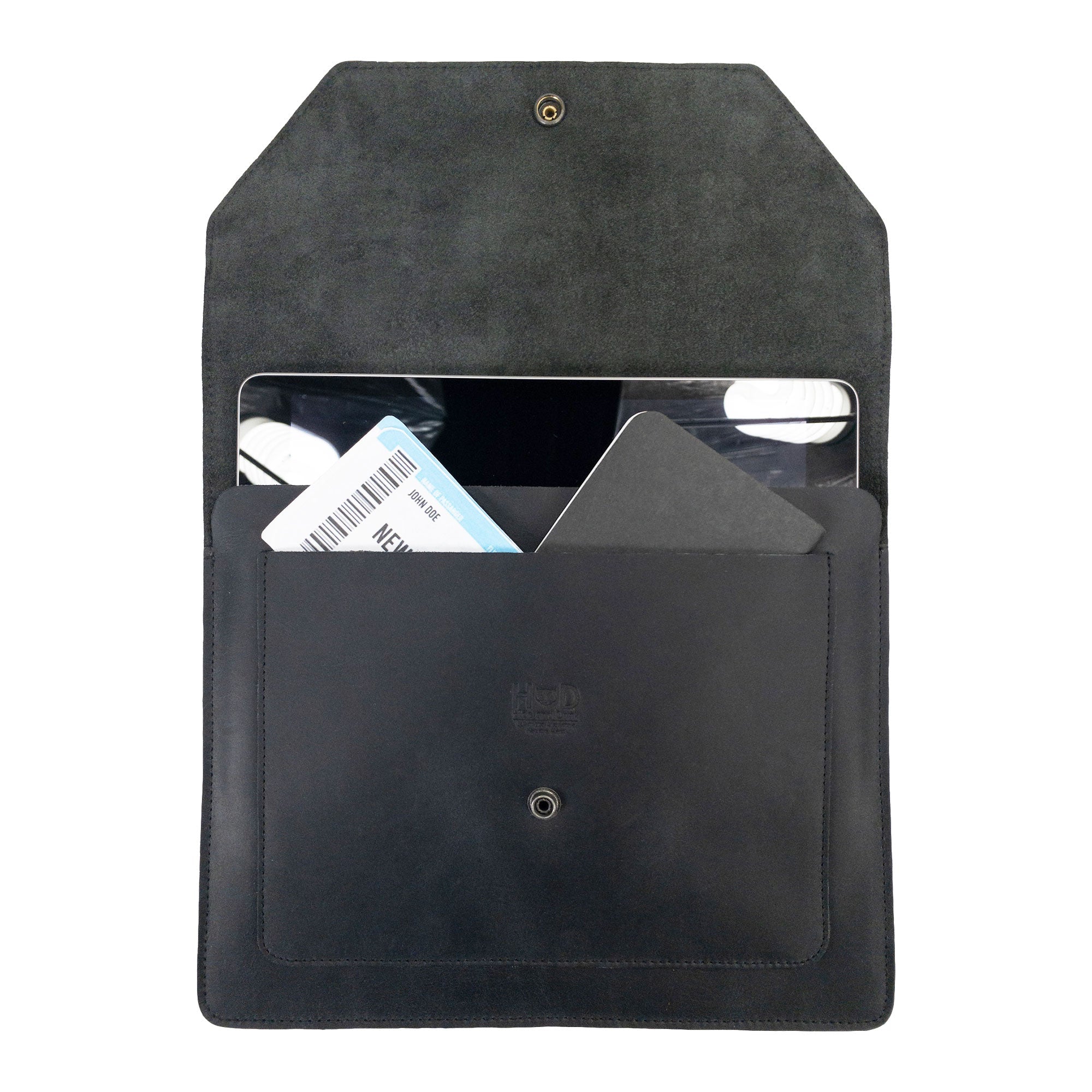 Dimensions of Hide & Drink's Slim Portfolio, a black handmade Flat Messenger Case. This Narrow Document Holder, made from Full Grain Leather, is an excellent office accessory, showcasing skilled artisan work from La Antigua Guatemala & Oaxaca Mexico.