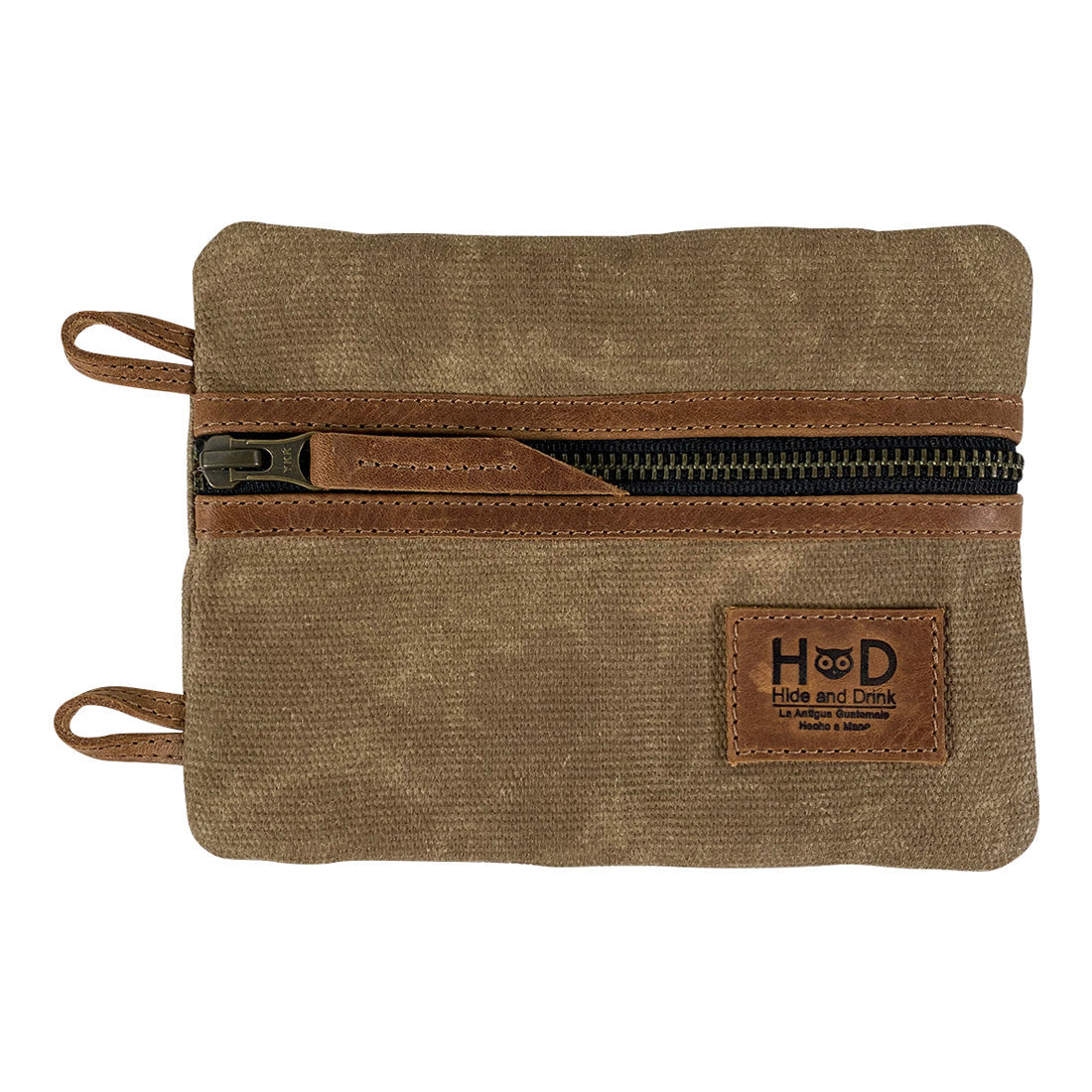 Front view of the Multi-tool Pocket Pouch - XL by Hide & Drink made from durable waxed canvas and leather, showcasing the compact multipurpose EDC zippered bag, perfect for mini camping tool storage. Multi-Tool Pocket Pouch XL, Handmade Slim Organizer, Small Batch Production, Artisan, Handmade in La Antigua Guatemala & Oaxaca Mexico.