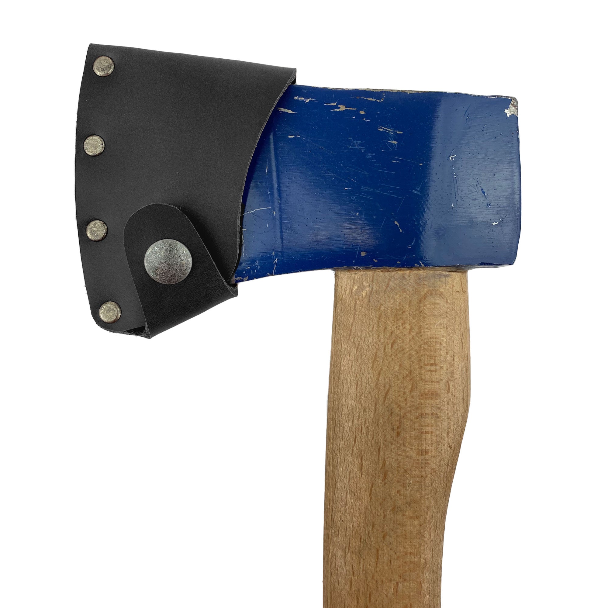 A detailed look at a blue axe displaying the black Hatchet Blade Cover by Valhalla Gear, perfect for ensuring tool safety and longevity - Protector Case Cover, Small Axe Blade Safety Sleeve, Camping Accessory, Lumberjack Outdoor Essentials, StockyardX, Small Batch Production, Hand Cut, Hand Sewn, Fire Branded, Artisan, Handmade in La Antigua Guatemala & Oaxaca Mexico.