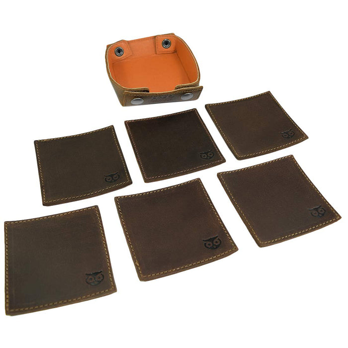 Owl Coaster w/Stitching Square Box Set (6-Pack) - Stockyard X 'The Leather Store'