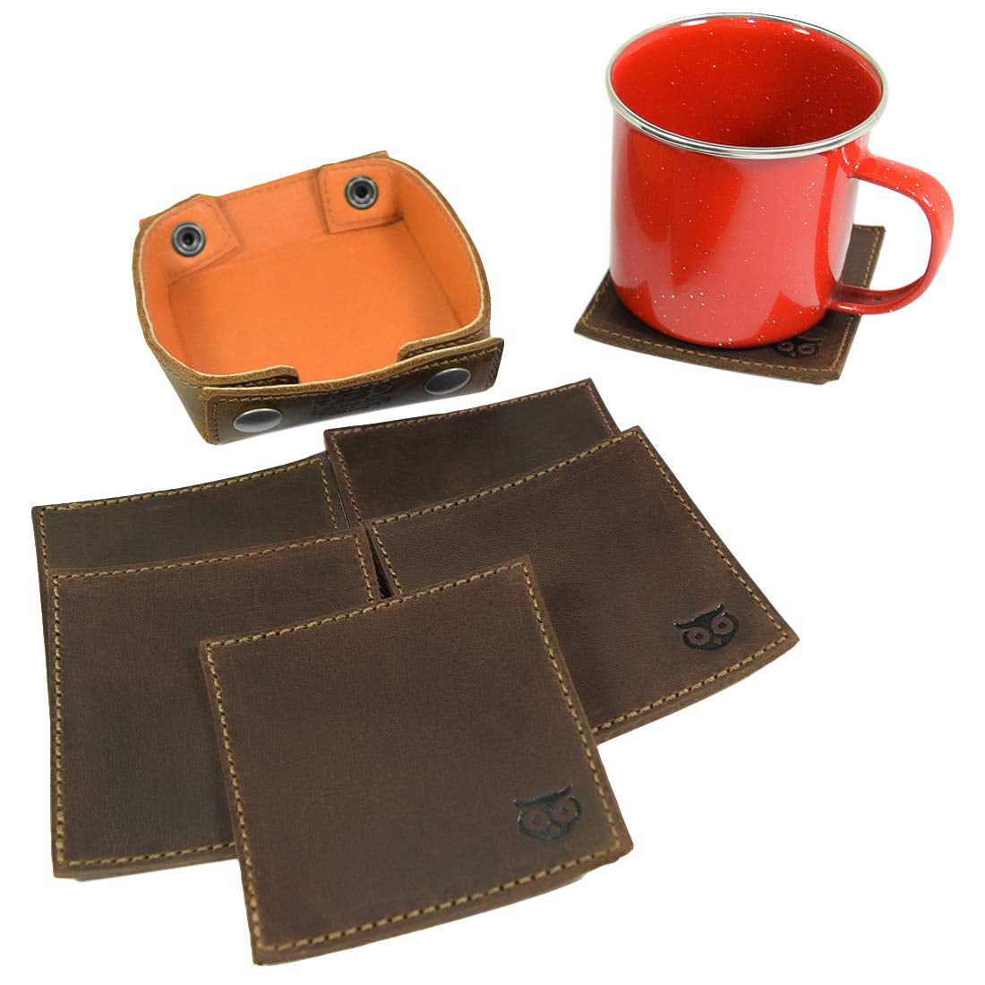Owl Coaster w/Stitching Square Box Set (6-Pack) - Stockyard X 'The Leather Store'