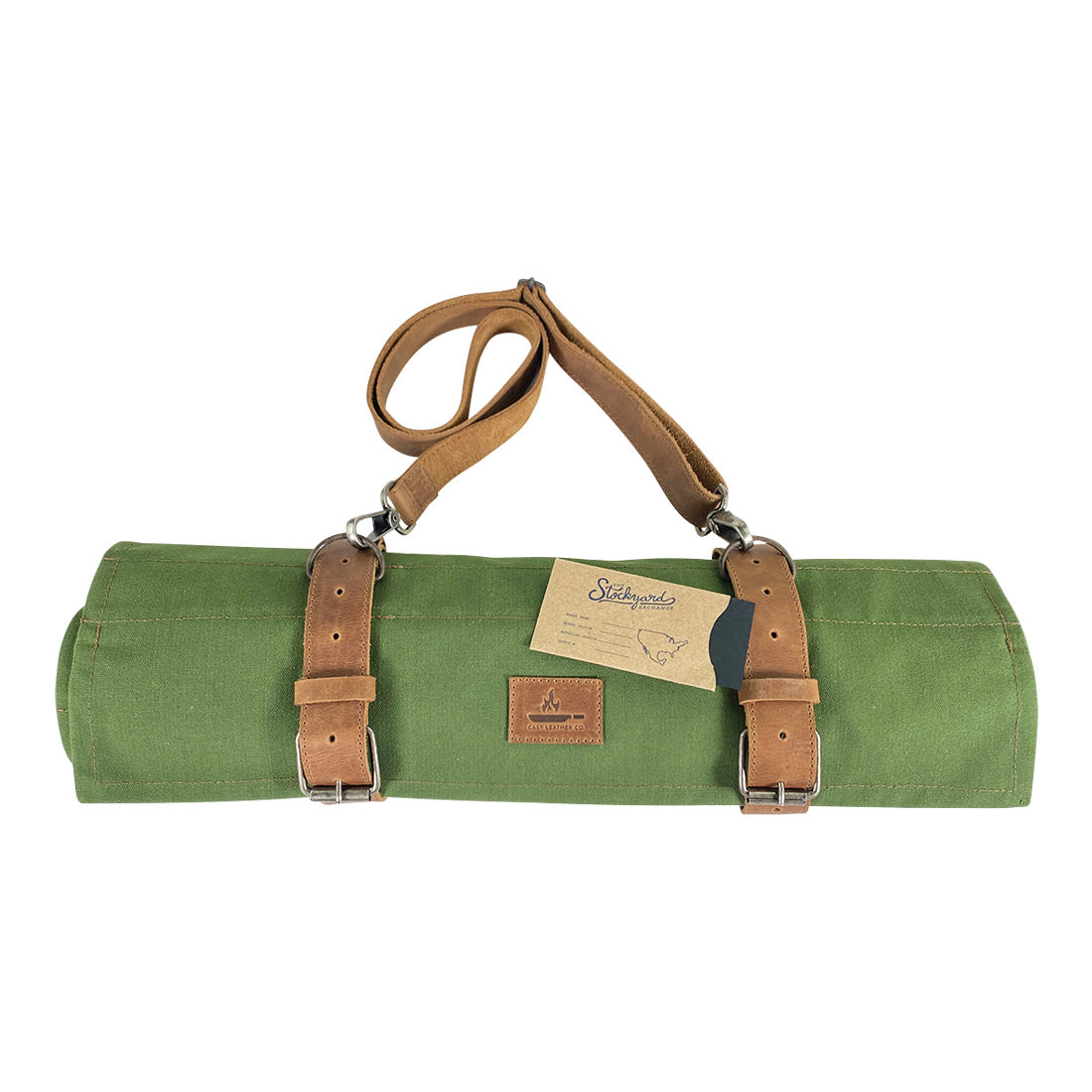 Cast Leather Co. Knife Roll Bag with a tag, highlighting its craftsmanship. This knife roll bag is designed for portable storage of specialty knives, featuring 10 pockets, made from water-resistant canvas and full grain leather, and handmade in La Antigua Guatemala & Oaxaca Mexico.