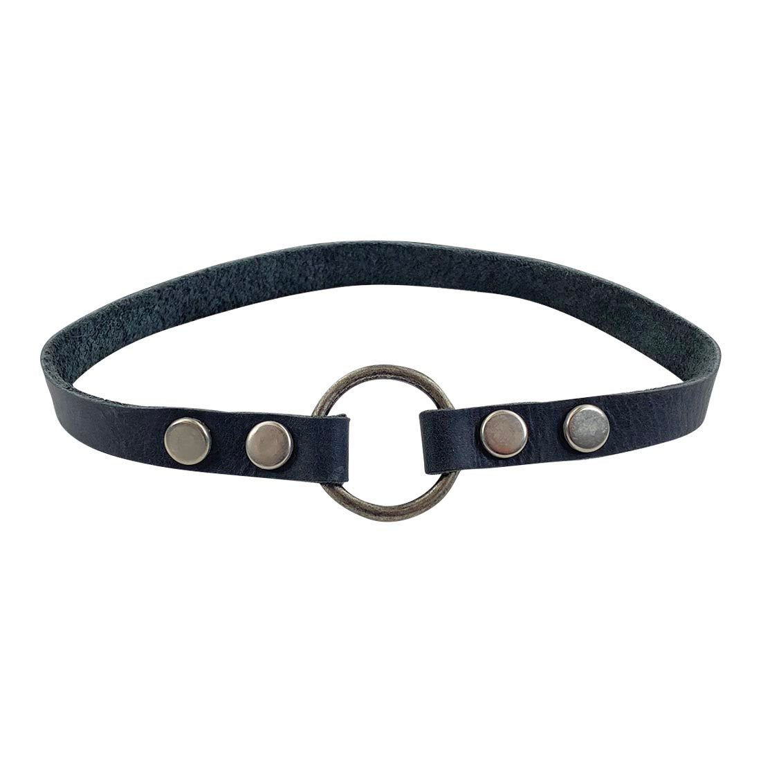 Goth Choker by Hide & Drink, showcasing a handcrafted full grain leather design with a large metal ring and accent studs, perfect as a trendy accessory and stylish necklace. Goth Choker - Stylish Necklace, Trendy Accessory, Soft, Durable Collar - Punk Style with Metal Ring and Hardware, Adjustable, Full Grain Leather, StockyardX, Small Batch Production, Hand Cut, Hand Sewn, Fire Branded, Artisan, Handmade in La Antigua Guatemala & Oaxaca Mexico.