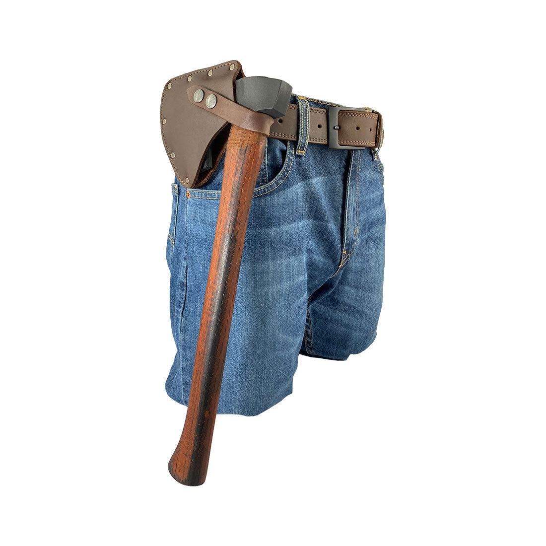 The Camper Axe Head Sheath by Hide & Drink shown in use, fitted to an axe while worn by an individual, promoting its functionality as an Adjustable Axe Sheath. This Full Grain Leather protector case cover also serves as a blade sleeve for various camping accessories, emphasizing small batch artisan craft and handmade quality from La Antigua Guatemala & Oaxaca Mexico.