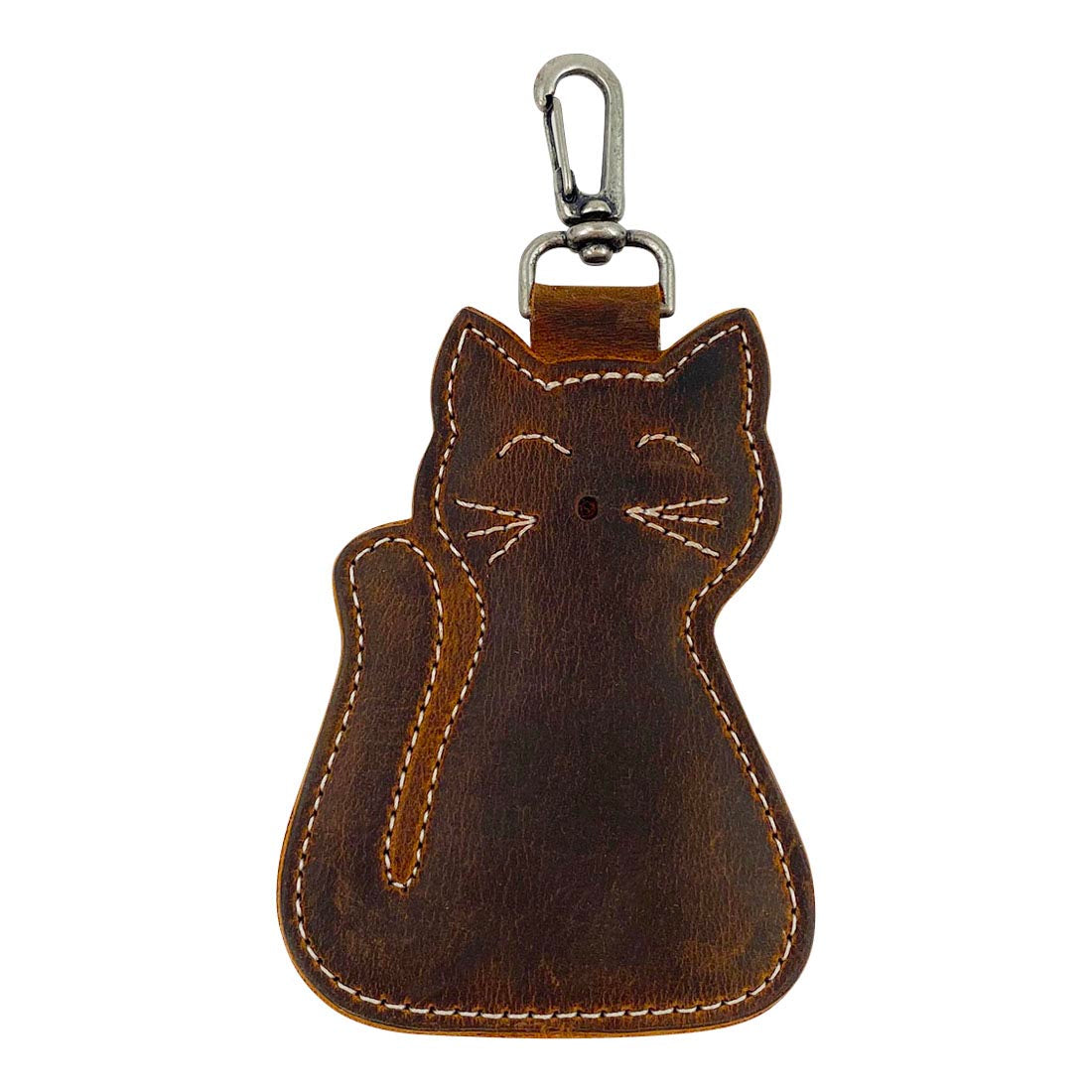 Adorable Cat Keychain by Taco Dog featuring a beautiful rustic look and cute details. This functional and durable key holder is crafted from full grain leather, showcasing small batch production with artisan techniques including hand cut and hand sewn designs. Handmade in La Antigua Guatemala, this lightweight kitten key holder is perfect for any cat lover.