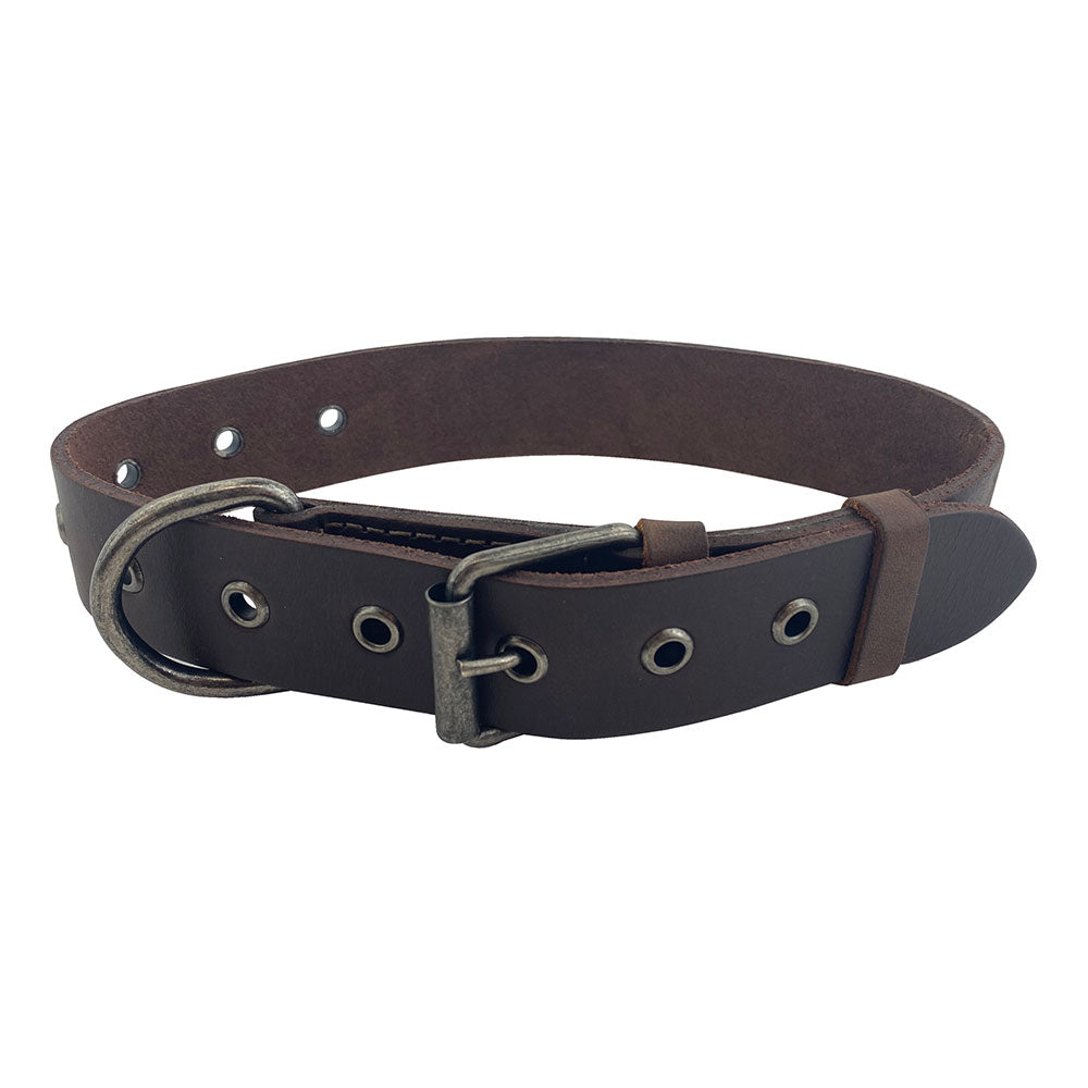 Thick Leather Dog Collar for Medium Size Dog (12 to 21 Inches) by Taco Dog, featuring durable thick full grain leather, designed for comfort and style. Ideal gift for dog lovers, with small batch production, hand cut and sewn craftsmanship. Handmade in La Antigua Guatemala.