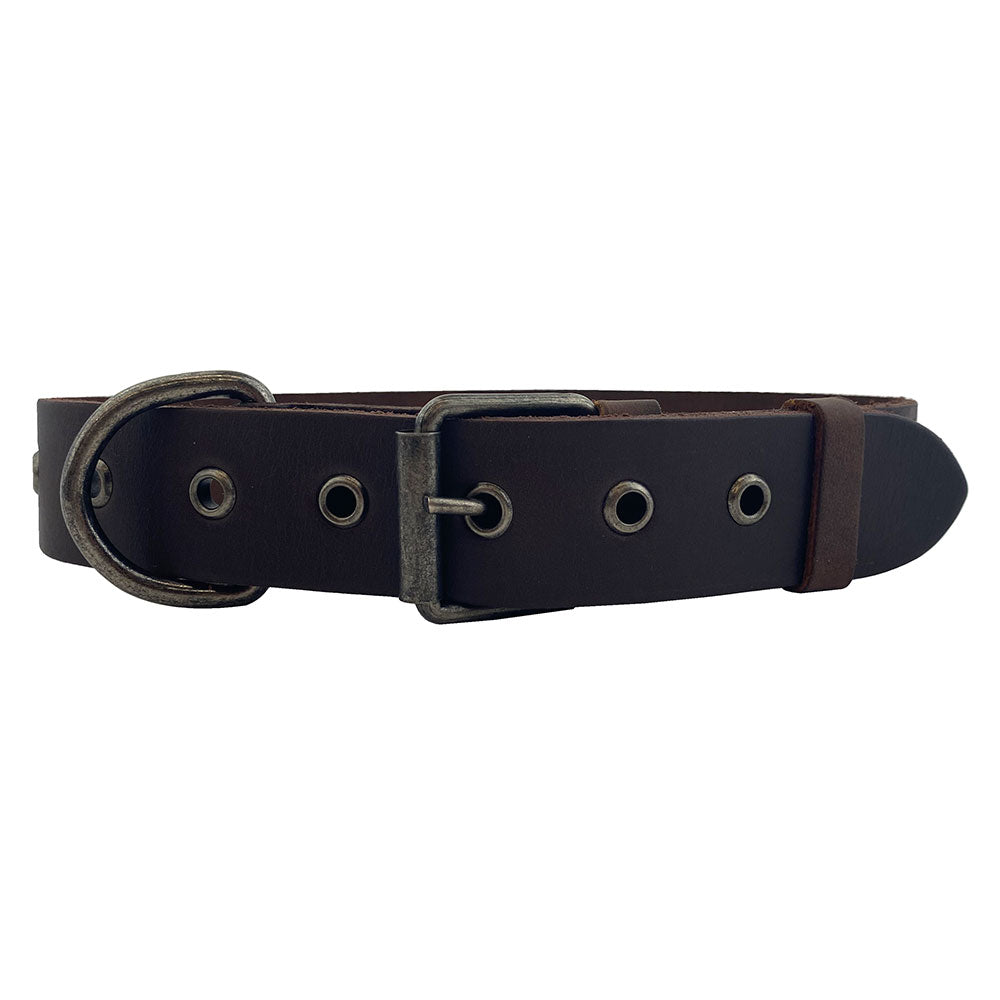 Stylish Thick Leather Dog Collar for Medium Size Dog (12 to 21 Inches) by Taco Dog, made from high-quality leather. This comfy pet collar is a great dog lover gift, showcasing artisan craftsmanship with hand cut and sewn details. Handmade in La Antigua Guatemala.