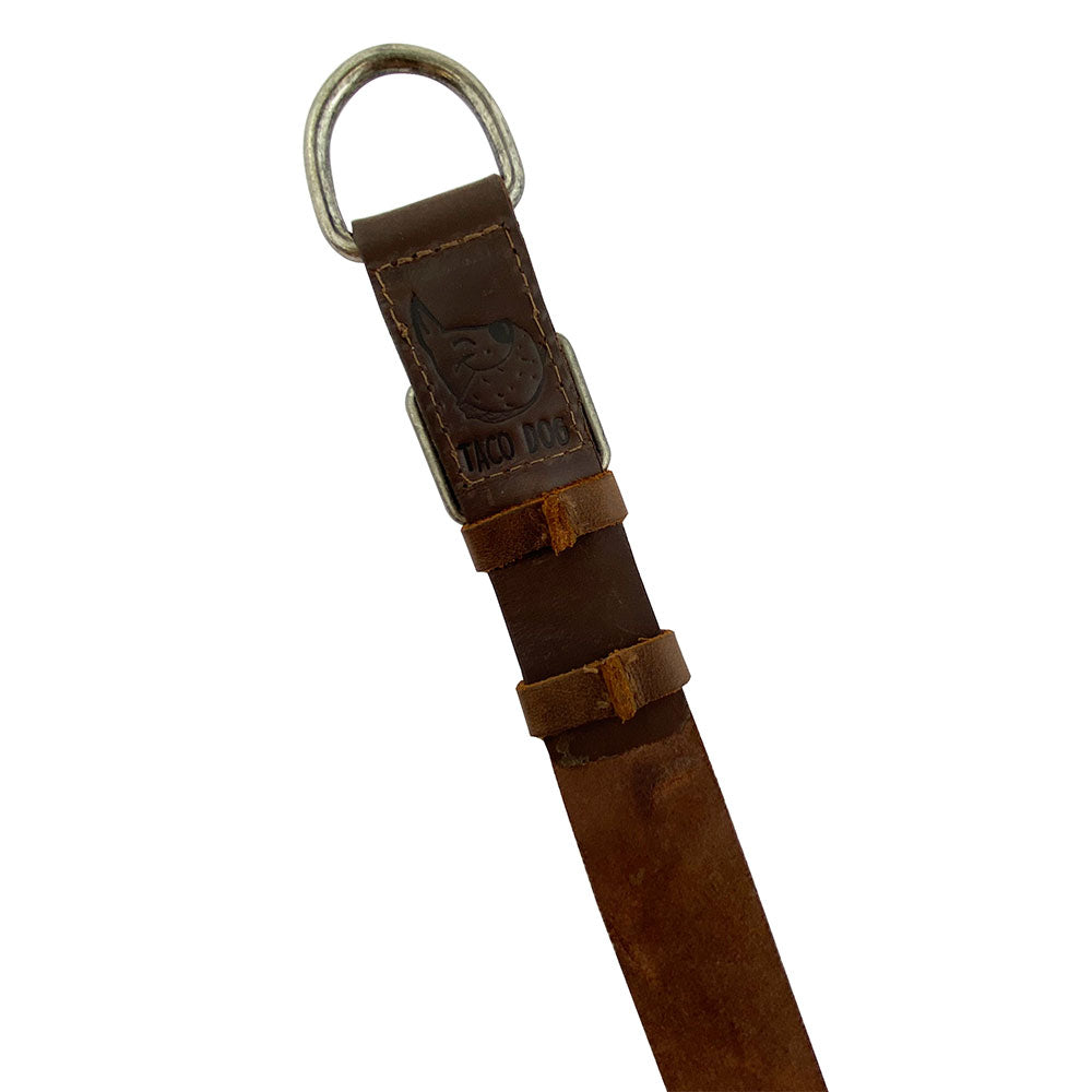 Durable Thick Leather Dog Collar for Medium Size Dog (12 to 21 Inches) from Taco Dog, combining comfort and style for your pet. An ideal gift for dog lovers, featuring small batch production, artisan craftsmanship, and handmade in La Antigua Guatemala.