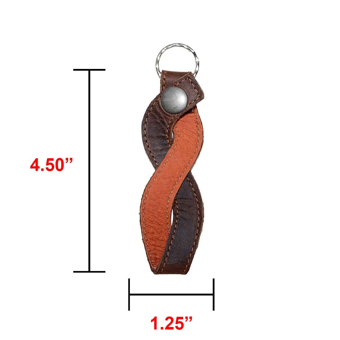 Measuring specifications of the Braided Keychain by Hide & Drink, showcasing its dimensions along with the artisanal full grain leather design, perfect for stylish key rings and handmade accessories.