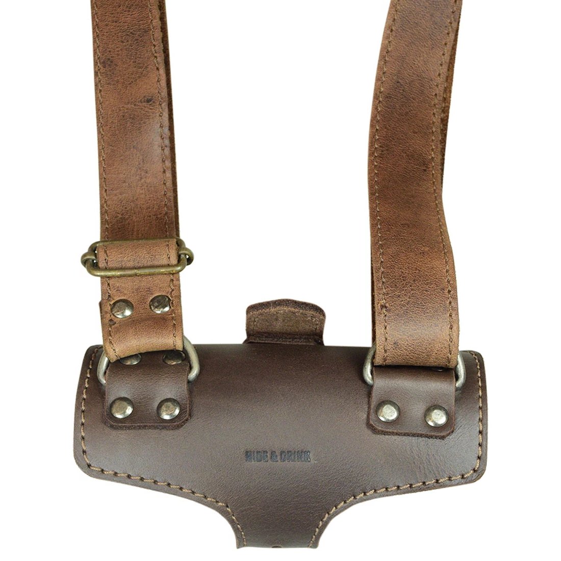 Close-up view of Hide & Drink Umbrella Strap Holder, highlighting the adjustable strap and durable full grain leather. This urban vintage accessory reflects the craftsmanship of small batch production, hand cut and hand sewn by artisans, fire branded and handmade in La Antigua Guatemala & Oaxaca Mexico.