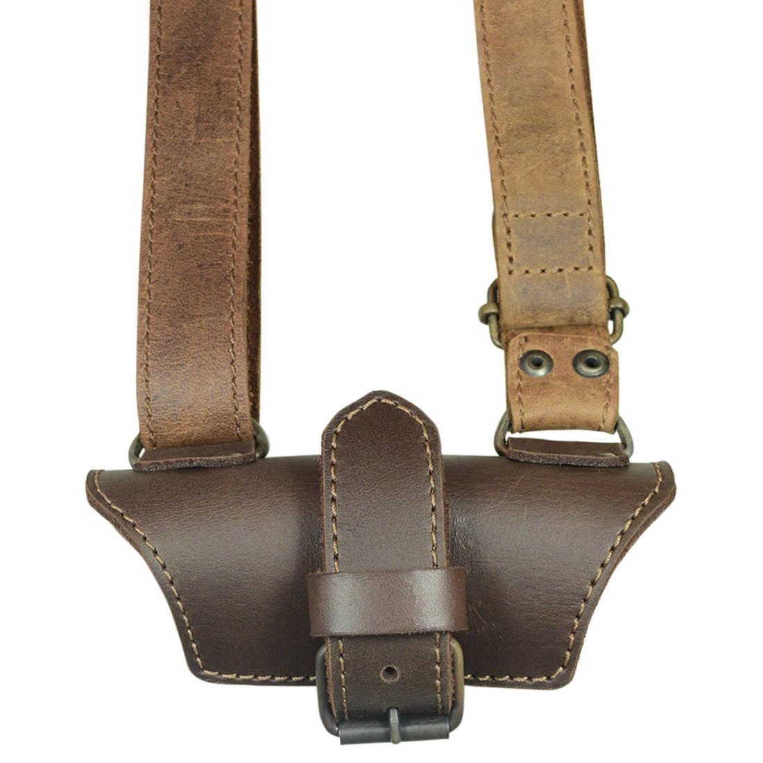 Back view of Hide & Drink Umbrella Strap Holder with adjustable strap design, made of high-quality full grain leather, embodying an urban vintage style. This piece reflects small batch production standards, showcasing hand cut and hand sewn artisan details, fire branded and handmade in La Antigua Guatemala & Oaxaca Mexico.