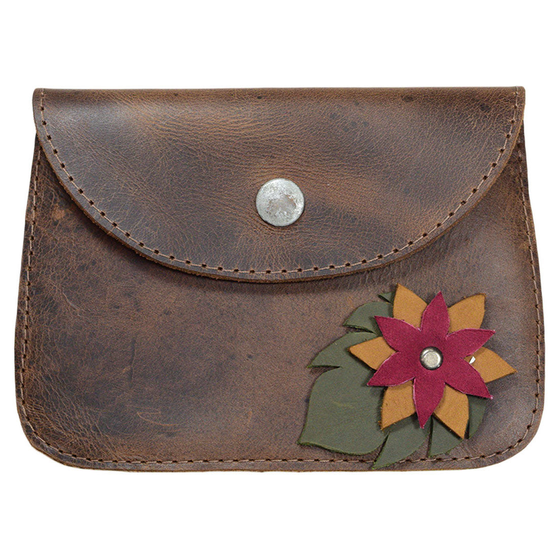 Hide & Drink's Flower Card Wallet featuring a vibrant flower design, perfect for organizing coins, cash, and cards. Crafted from Full Grain Leather, this Noche Buena Wallet doubles as a Vintage Pouch and Cable Holder, making it an ideal travel accessory. Handmade in La Antigua Guatemala & Oaxaca Mexico, it showcases small batch production with meticulous hand stitching.