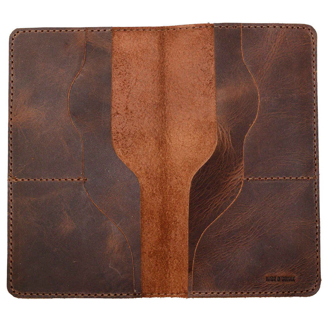 Hide & Drink Large Organizer Wallet, an artisan handmade bifold wallet with card slots, flat money holder, and travel accessory. Crafted from full grain leather, this night bag is hand cut, hand sewn, and fire branded, showcasing the artistry of small batch production in La Antigua Guatemala & Oaxaca Mexico.